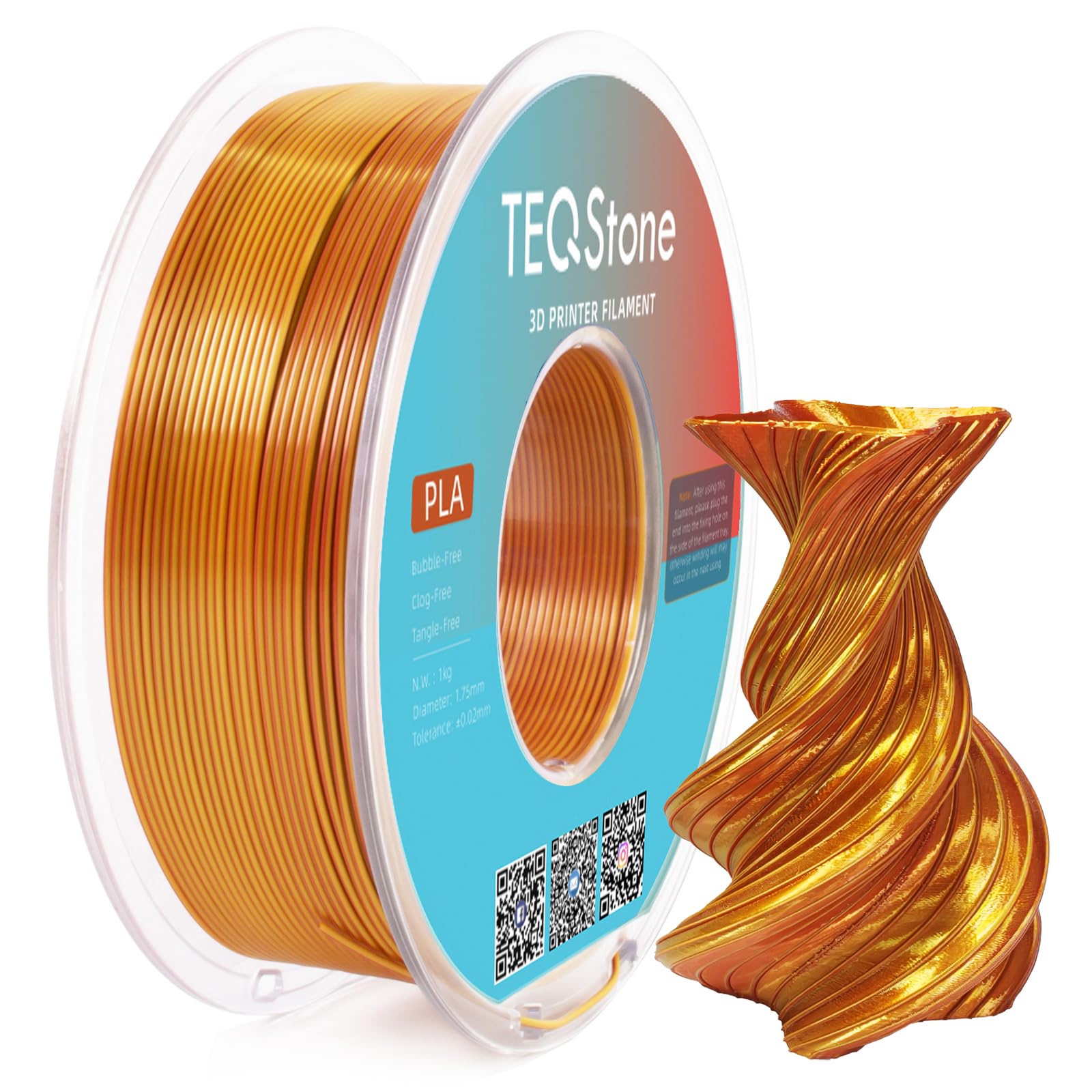 TEQStone Dual Color Silk PLA Filament 1.75mm Gold Copper 1KG, Shiny High Gloss Finish, Seamless Color Transition, Neatly Wound, 