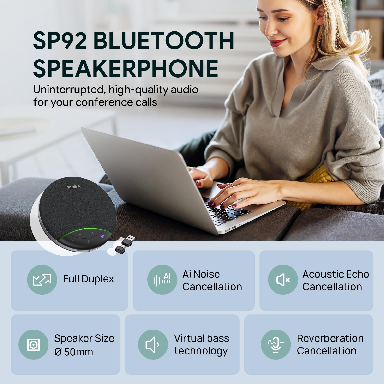Yealink Sp92 Conference Speaker And Microphone With Bluetooth Dongle, Teams Certified, Noise Reduction, 20H Call Time Usb Speake