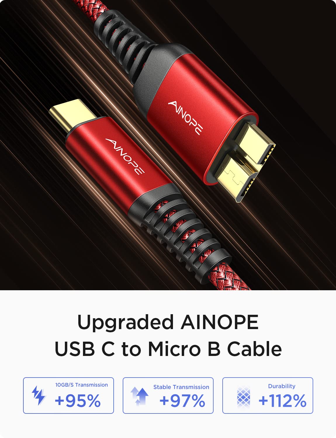 Ainope 10Gbps Micro B To Usb C Hard Drive Cable 1.6Ft/0.5M, [Nylon Braided] Usb C To Micro B Cord, Usb C To External Hard Drive