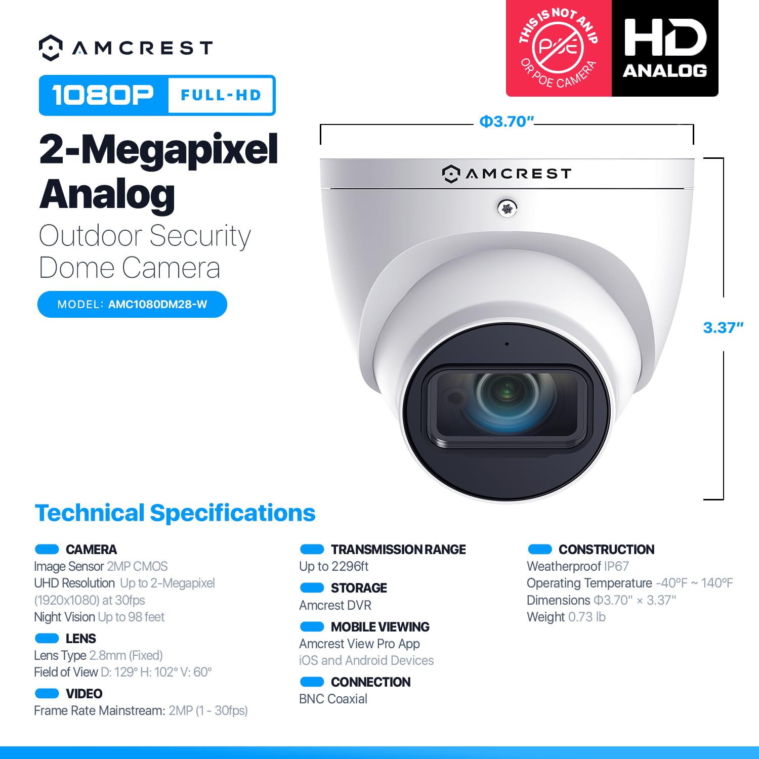 Amcrest Analog Outdoor Security Camera Dome 2Mp 1080P @ 30Fps, Quadbrid, 129 Fov, White (Not An Ip Camera) (Dvr Required, Not In