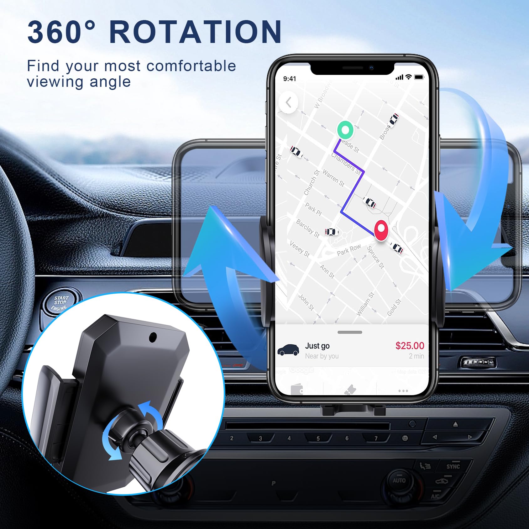 Fbb Phone Mount For Car, Air Vent Car Phone Holder With Metal Hook, One Handed Operation 360 Rotation Cradle Compatible With 4 7