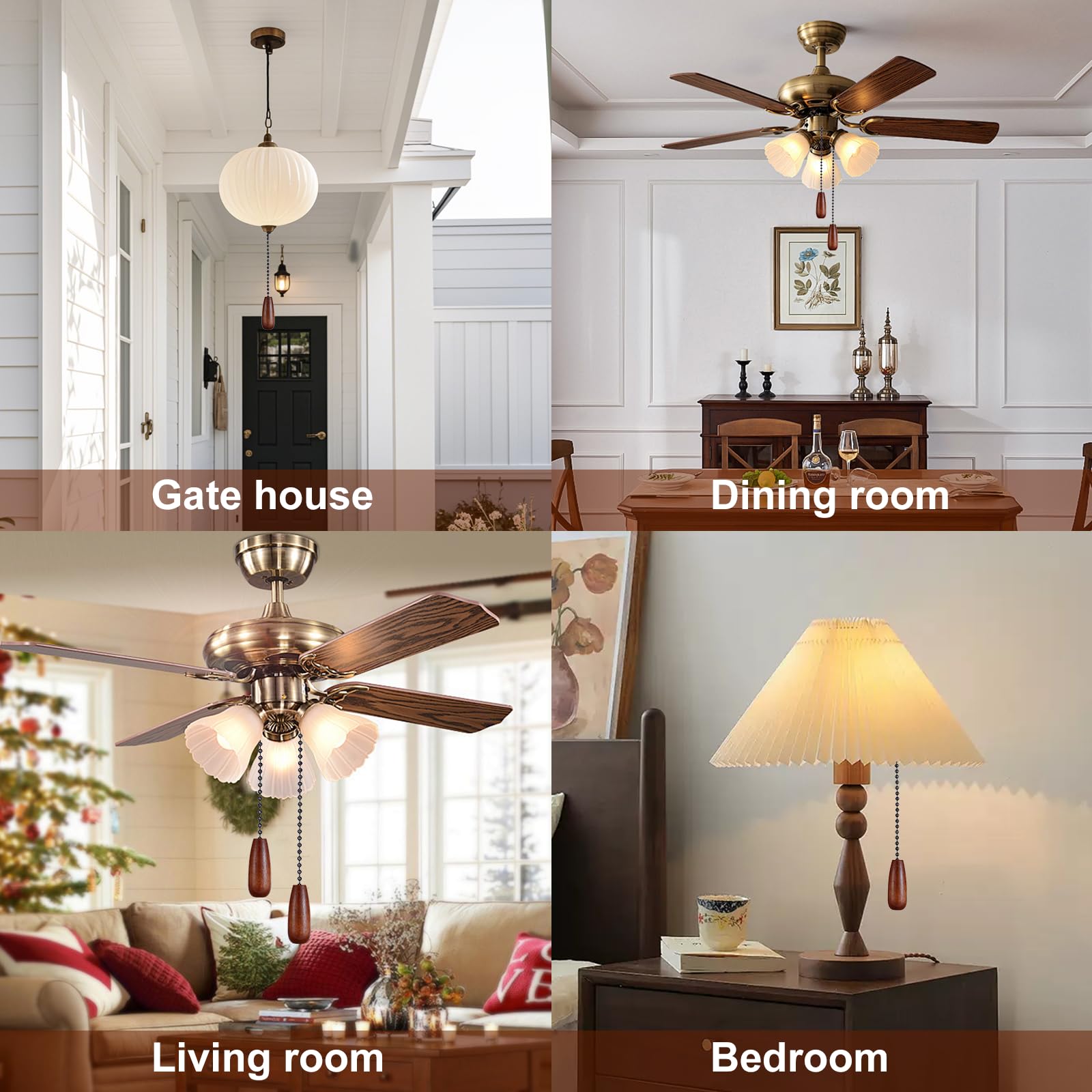 6 Pieces Wooden Ceiling Fan Pull Chains Extender Set, 12 Inch Decorative Pulls Chain Extension For Ceiling Light Lamp Fan Chain