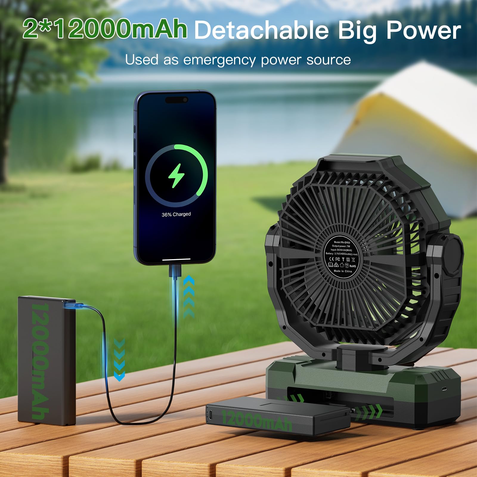 Frizcol 3 In 1 Camping Fan   Portable Fan Rechargeable   24000Mah 9 Inch Battery Powered Fan(140Hrs)   Usb Fan With Light & Remo