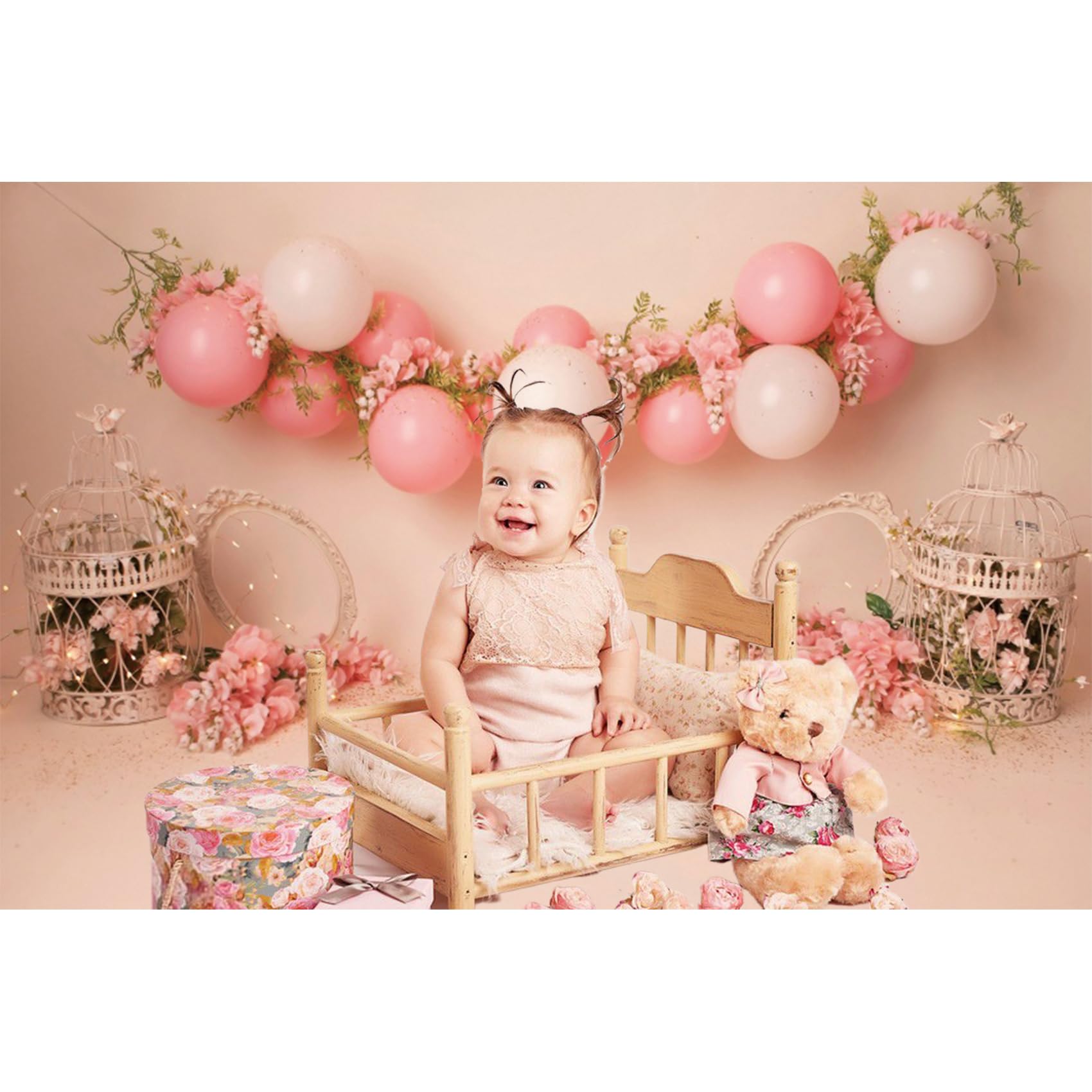 Baocicco 5X3Ft Baby Girl Happy Birthday Backdrop Pink Balloons Floral Sweet Princess Photography Backgrounds Pink Baby Girl Firs