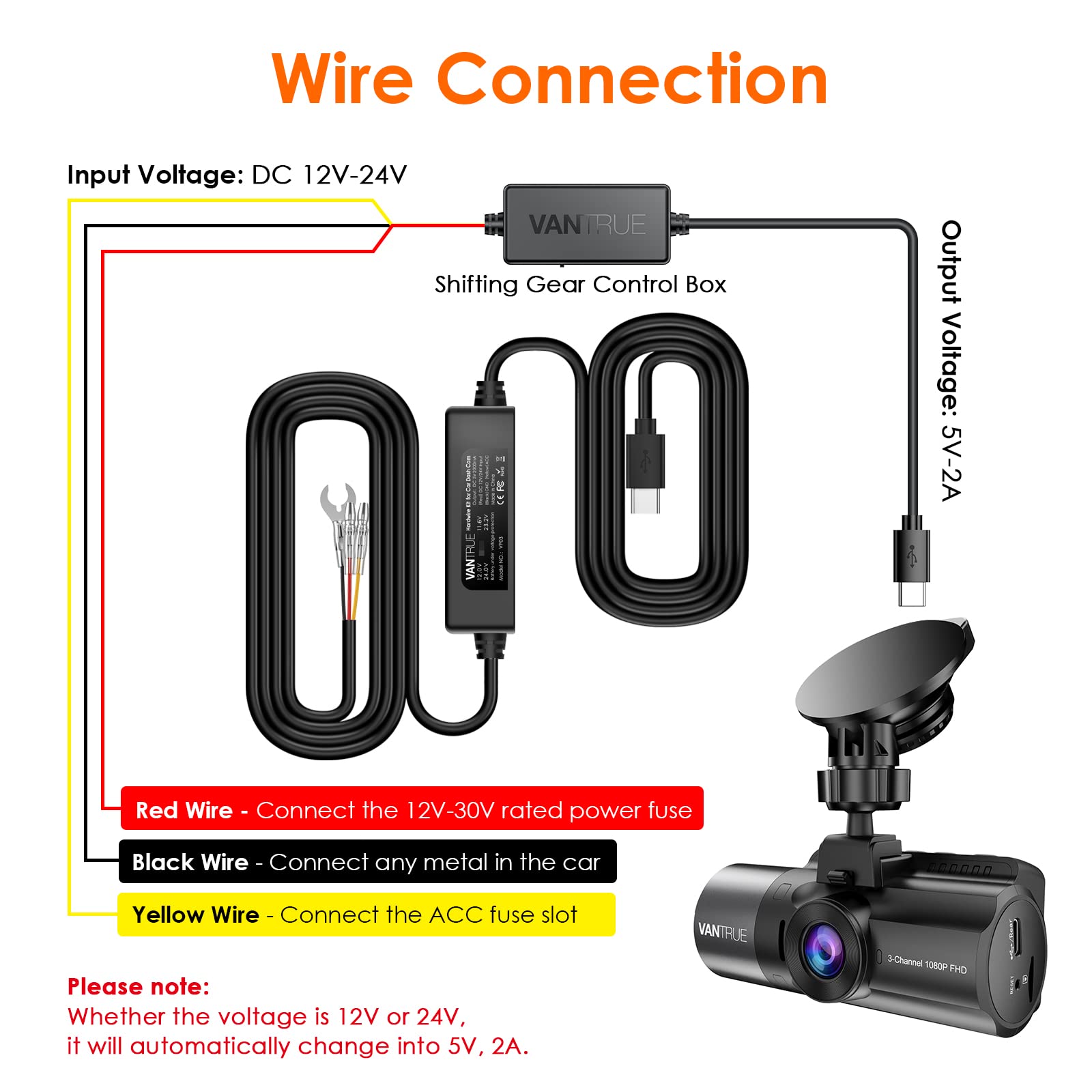 Vantrue 11.5Ft Type C Usb 12V 24V To 5V Dash Cam Hardwire Kit With Add A Circuit Fuses, Low Voltage Protection For N4, N4 Pro, N