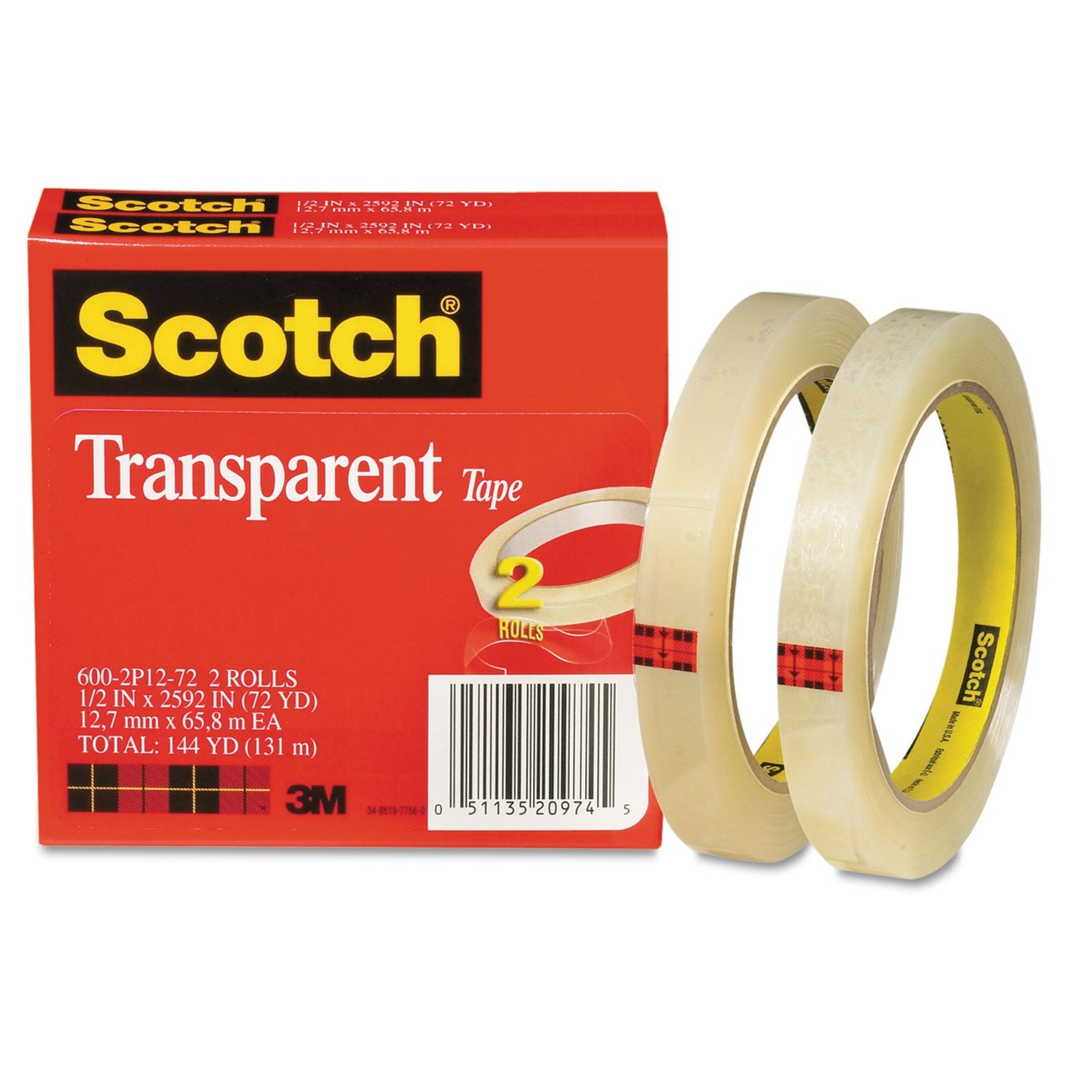 Scotch 6002P1272 Transparent Tape, 3 Inch Core, 1/2 Inch X2592 Inch, 2/Pk