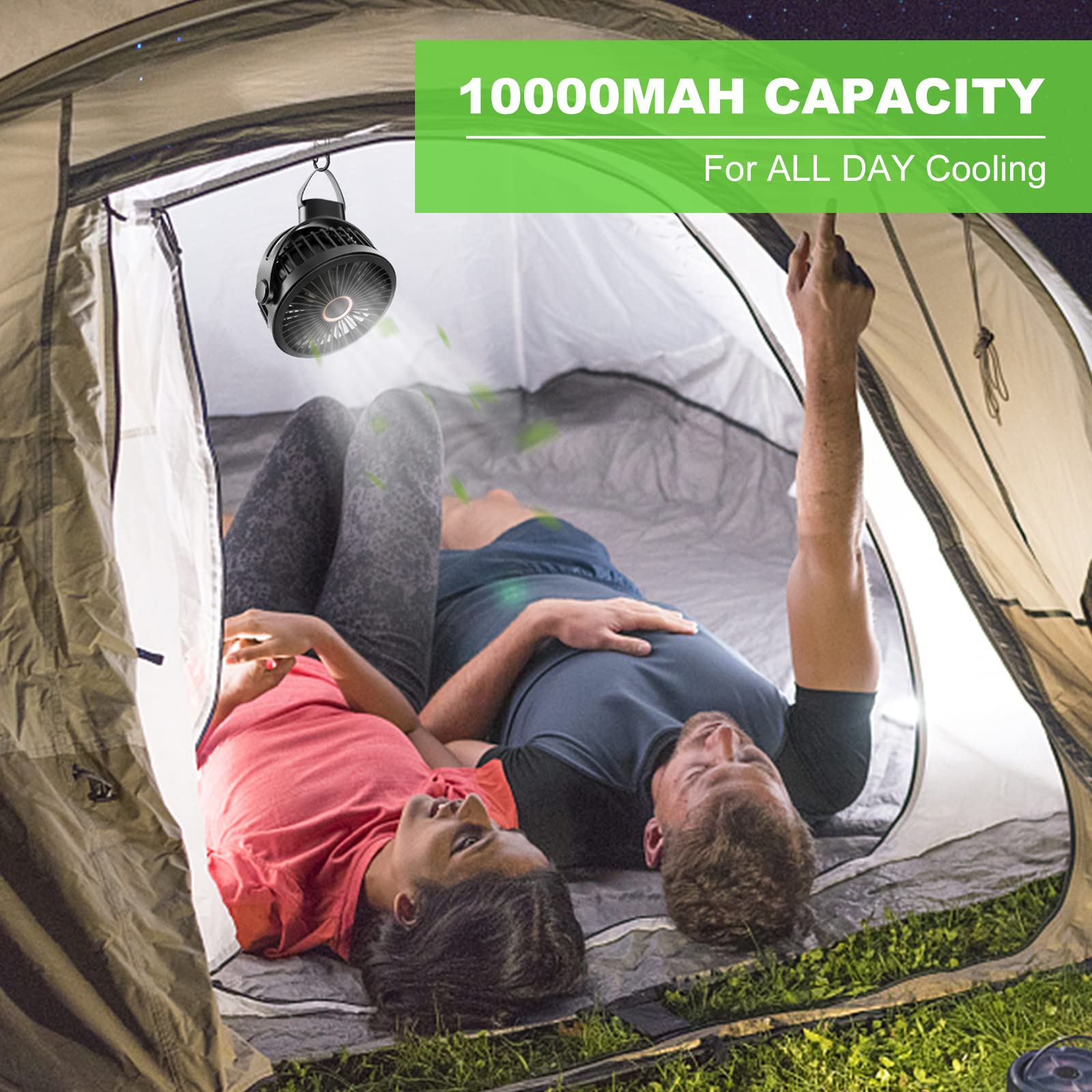 Odoland 10000mAh Portable Camping Fan - Rechargeable, Quiet, Strong Airflow, Black, with Hanging Hook & Carabiner for Travel, Picnic, Fishing