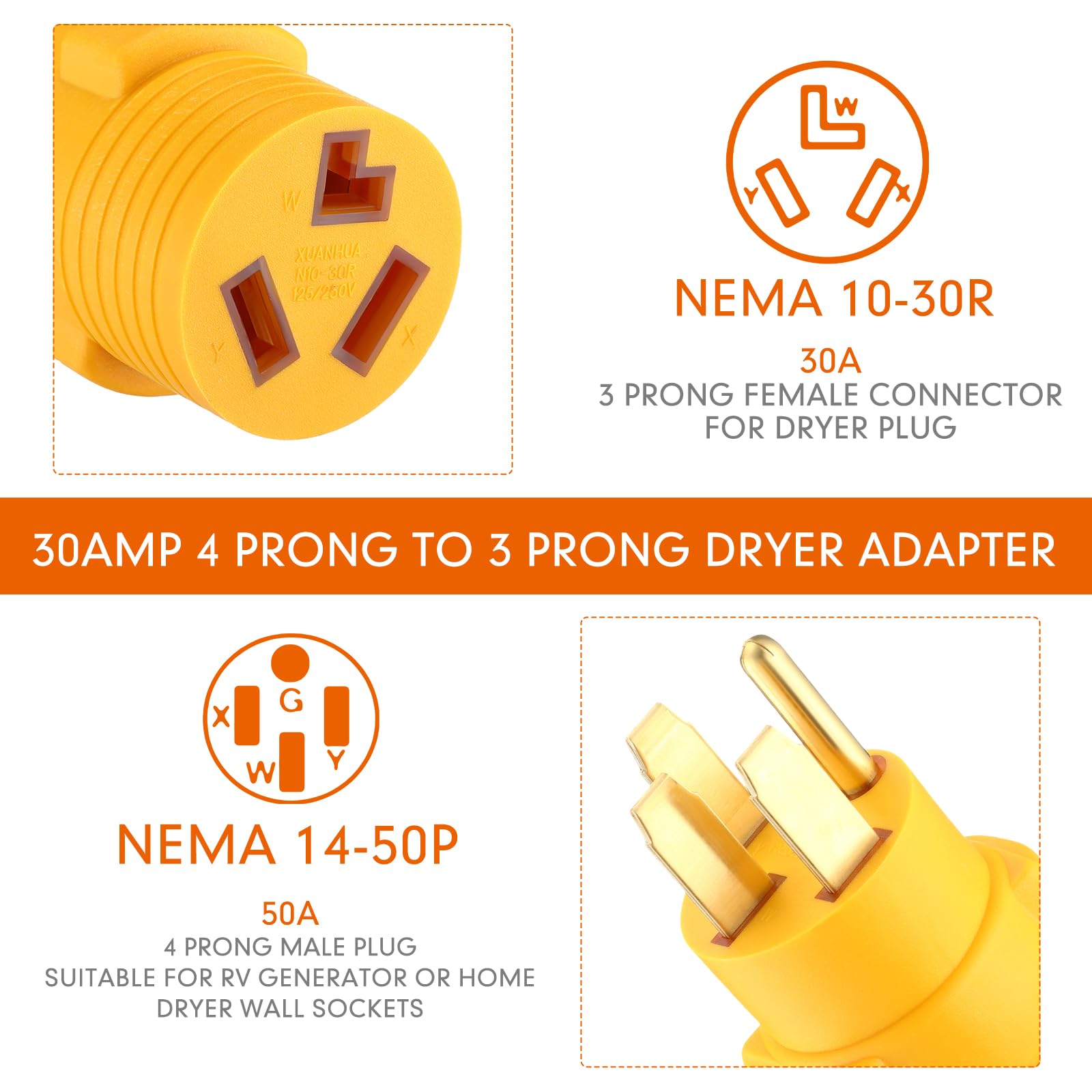 Kanayu 50Amp To 30Amp Dryer Adapter Compatible With Nema 14 50P To 10 30R, 4 Prong Rv 14 50P Male 3 Prong 10 30R Female Adapter
