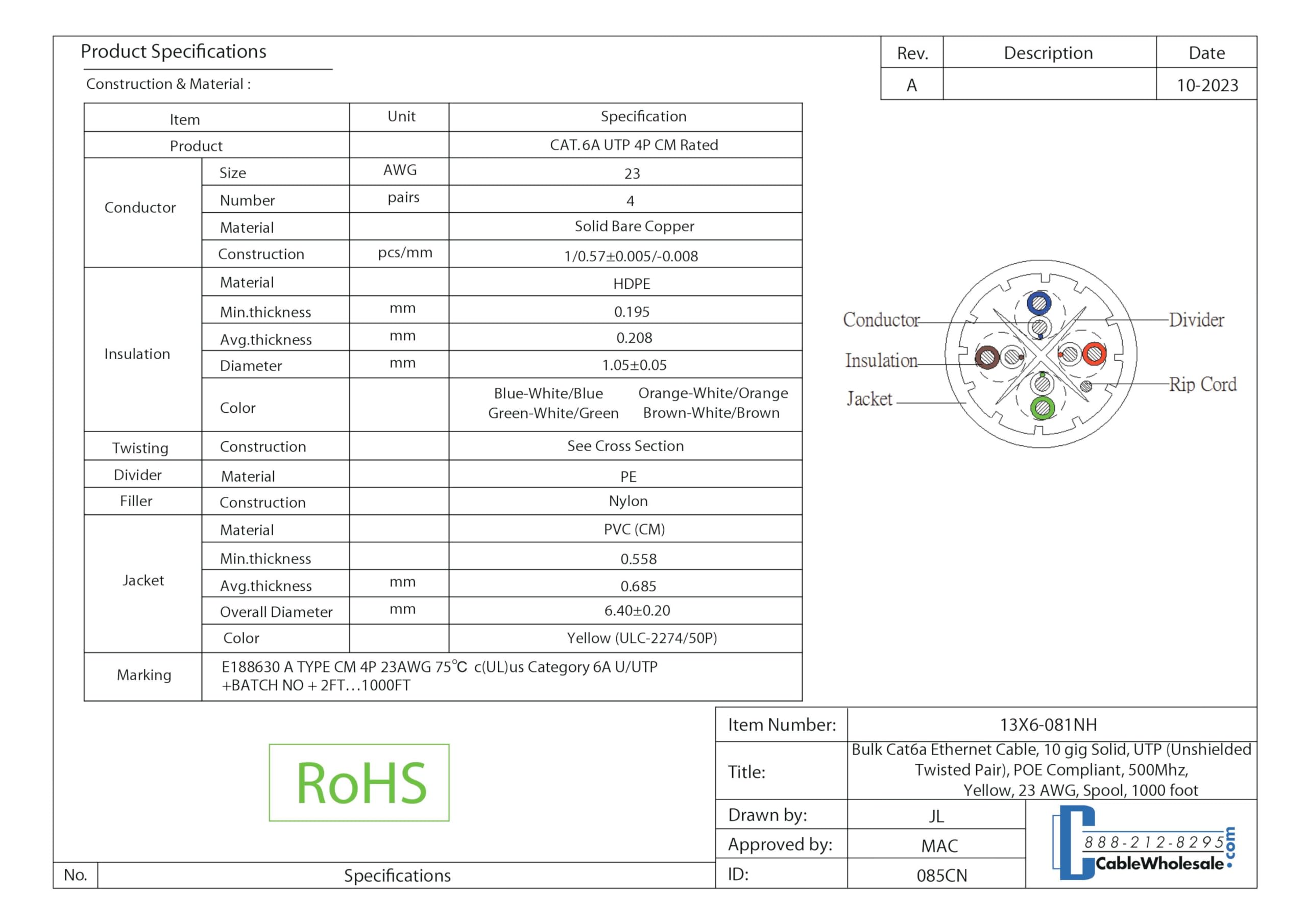 Cablewholesale 1000 Foot Bulk Cat6A Ethernet Cable Spool 500 Mhz, 23 Awg, Utp(Unshielded Twisted Pair) Solid Copper, Yellow