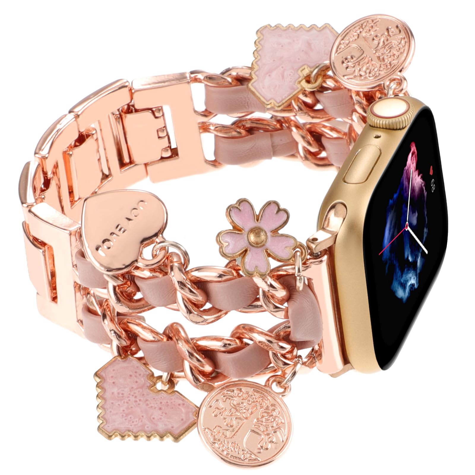 Realsign Stylish Metal Wristband Compatible With Apple Watch Band 42Mm 44Mm 45Mm 49Mm 46Mm,Cuban Chain Band Flower Love Tree Of