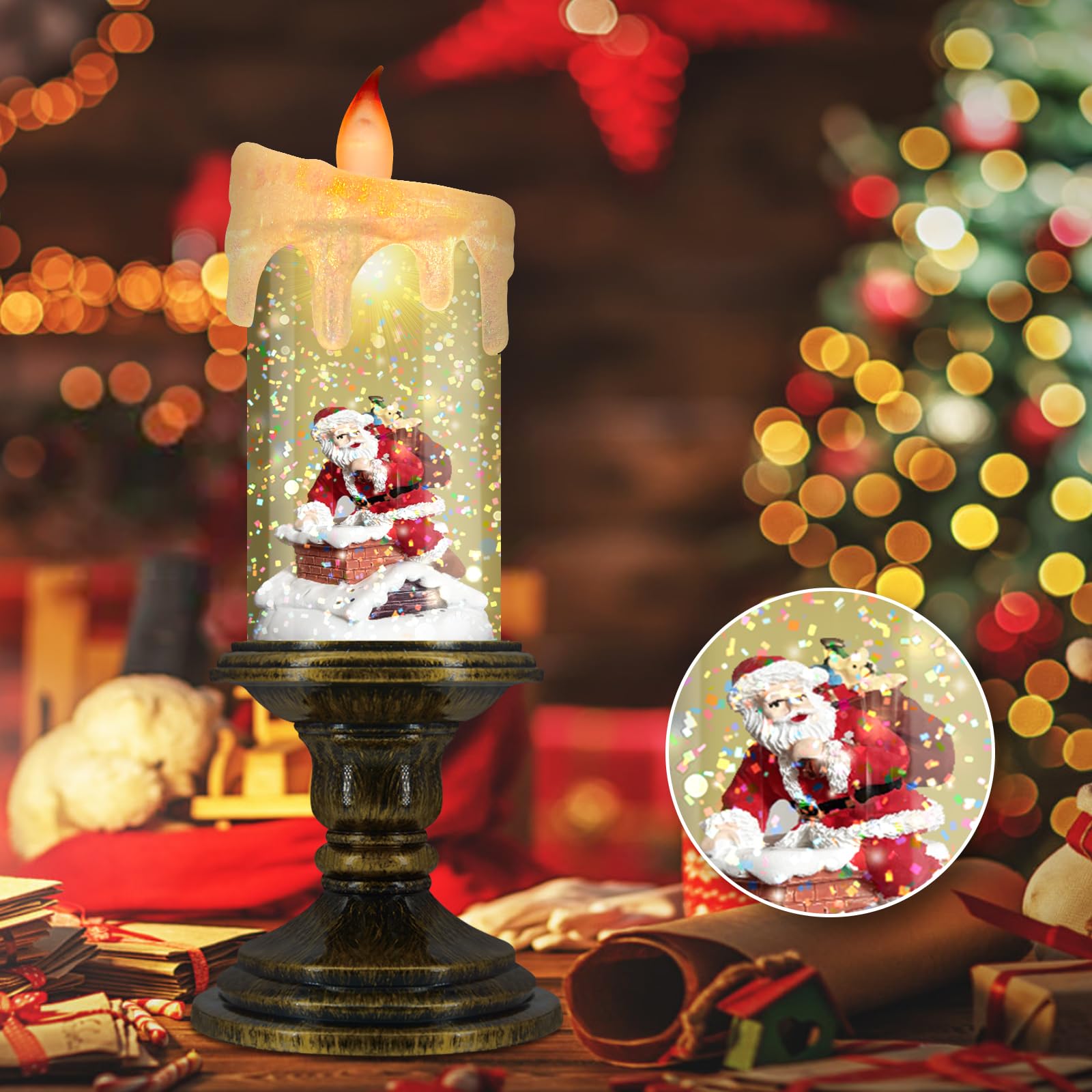 Aomil Christmas Flameless Candles, Flickering Led Candles With Timer, Snow Globe Candle Lights For Christmas Decorations
