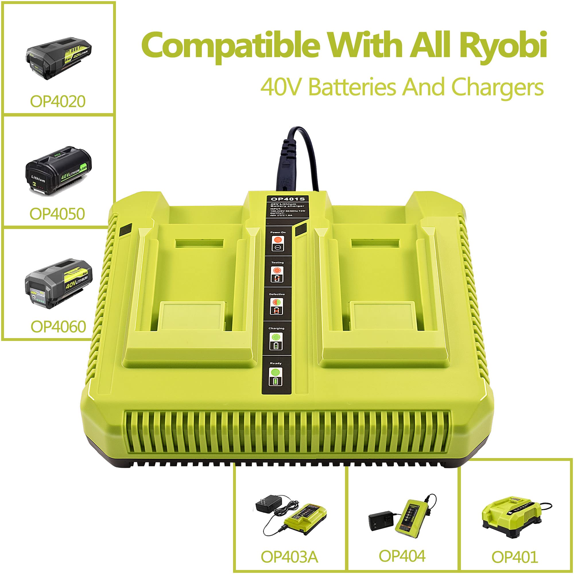 Chaunven 40V Charger For Ryobi, Op401 40 Volt Lithium Ion Battery Dual Charger For Op4015 Op4026 Op4030 Op4040 Op4050 Op4060 Bat
