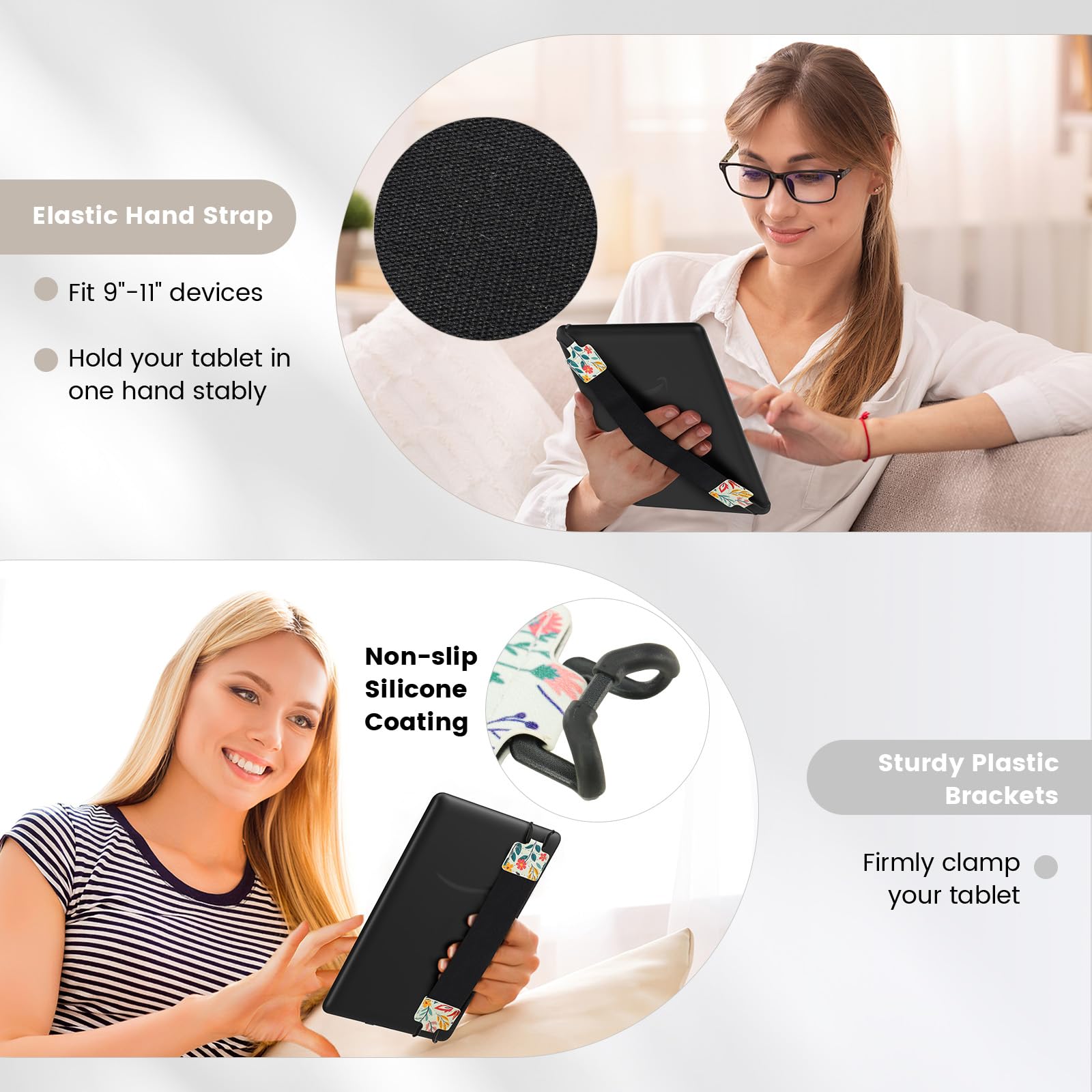 MoKo Security Hand Strap for 9 11 Inch Tablet, iPad/iPad Pro/iPad Air/Kindle Fire HD/Samsung, High Elasticity Versatile Hand Strap Lightweight Finger Grip Holder, Black Belt, Flowers