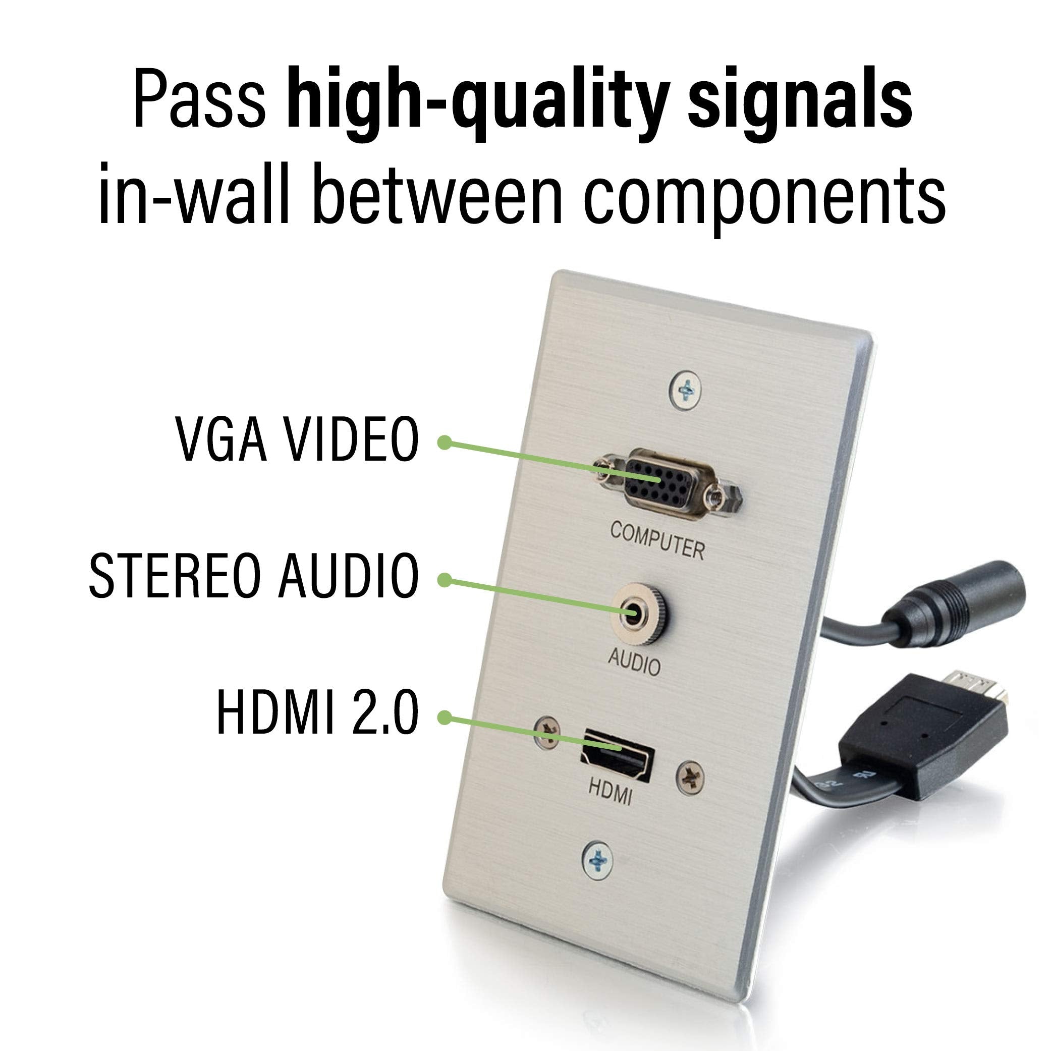 C2G Wall Pass Through For Hdmi, Vga, & 3.5Mm Aux Cables   Single Gang Wall Plate Includes Flexible Hdmi & Aux Pigtail   Brushed