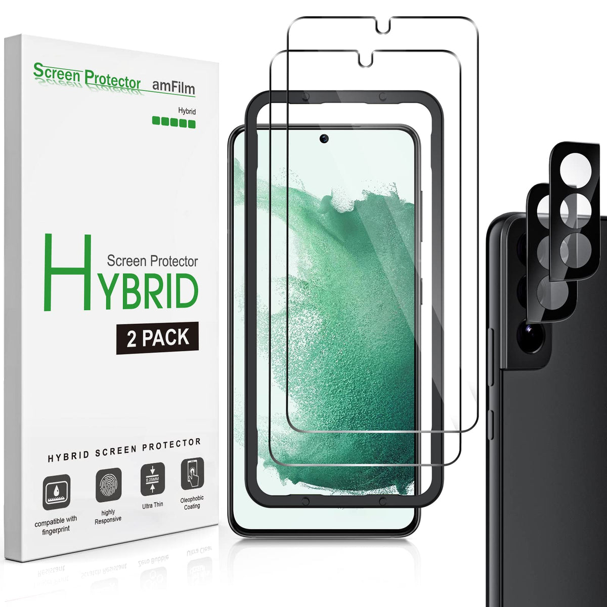 Amfilm 2 Pack Hybrid Screen Protector For Samsung Galaxy S22 5G 6.1 Inch [100% Fingerprint Id Compatible] With 2 Pack Tempered G