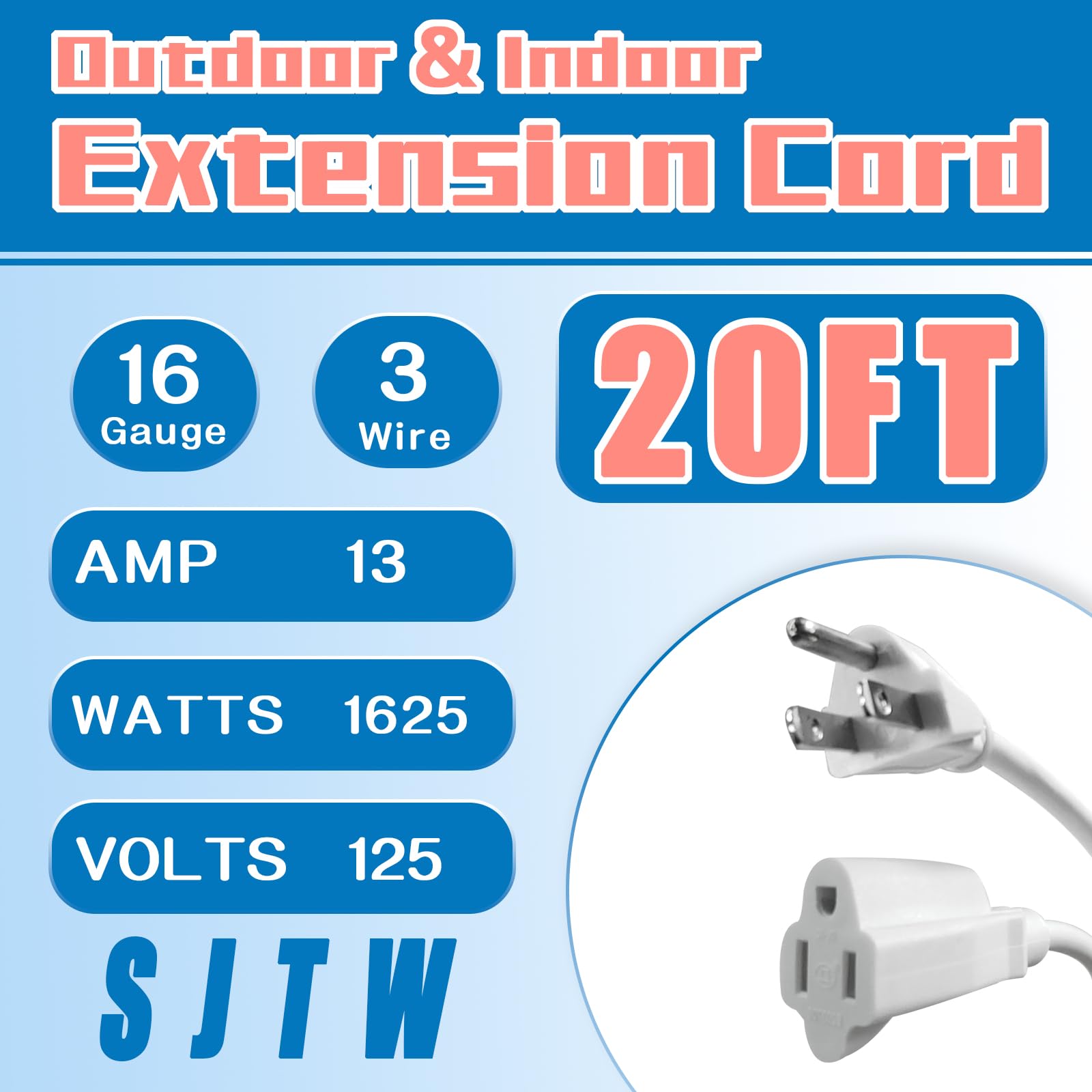 Greatide Indoor Outdoor Extension Cord 20 Ft, 16/3 Sjtw Weatherproof White Electrical Cords, 13 Amp Heavy Duty 3 Prong Power Cab