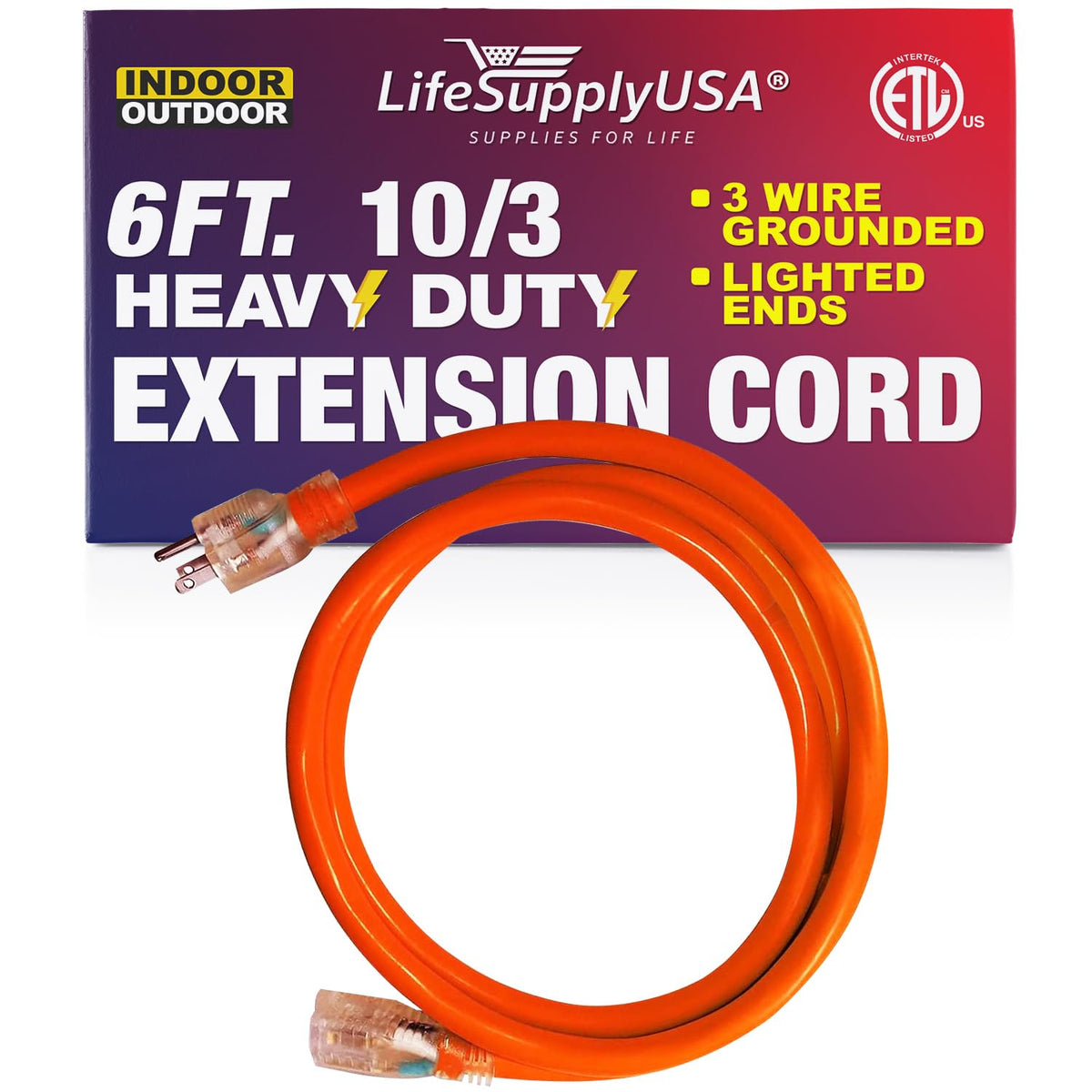 6 Ft Power Extension Cord Outdoor & Indoor Heavy Duty 10 Gauge/3 Prong Sjtw (Orange) Lighted End Extra Durability 15 Amp 125 Vol