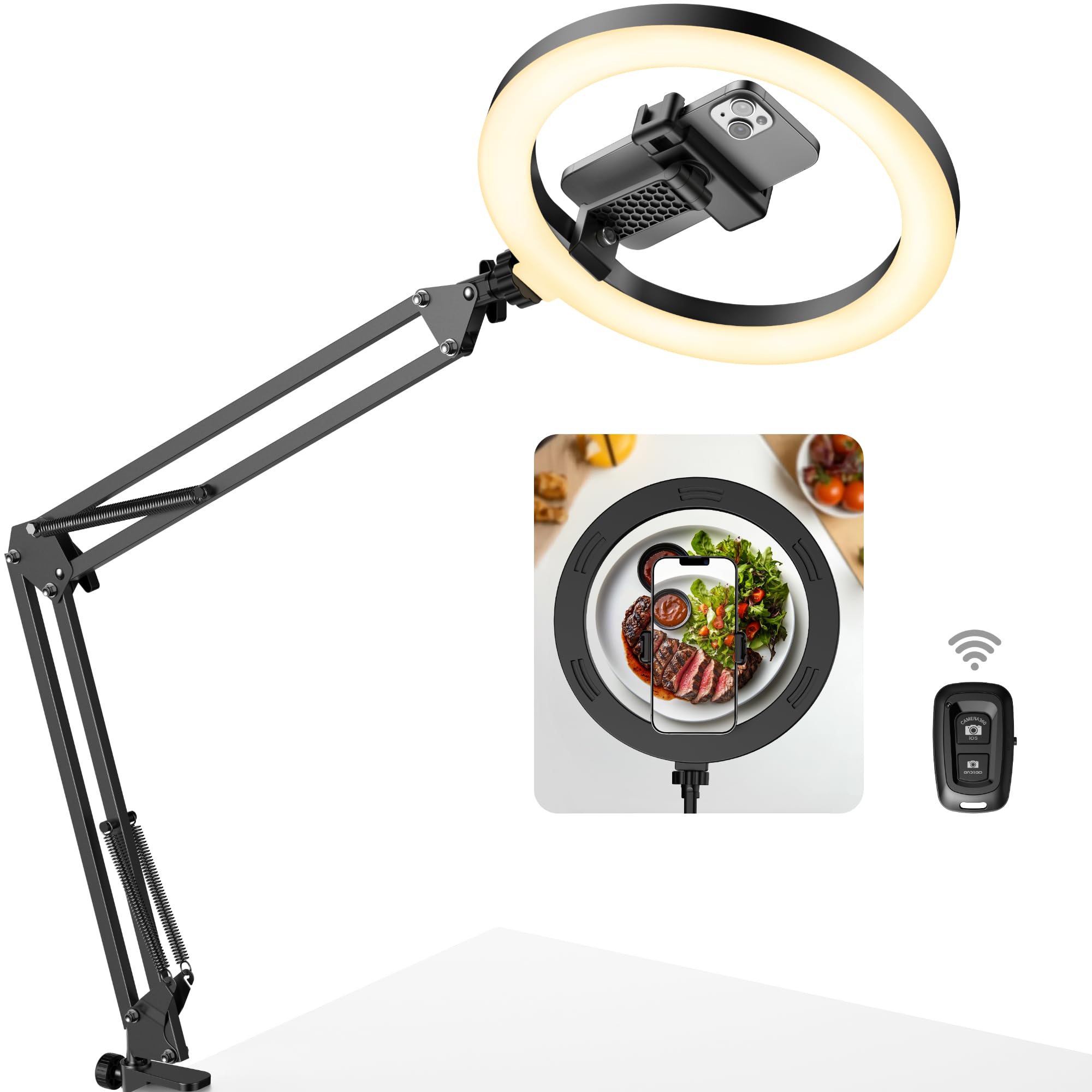 Innogear Overhead Phone Mount With Ring Light, 10'' Led Selfie Ring Light For Desk With Phone Holder And Remote Canvas Lamp Ligh