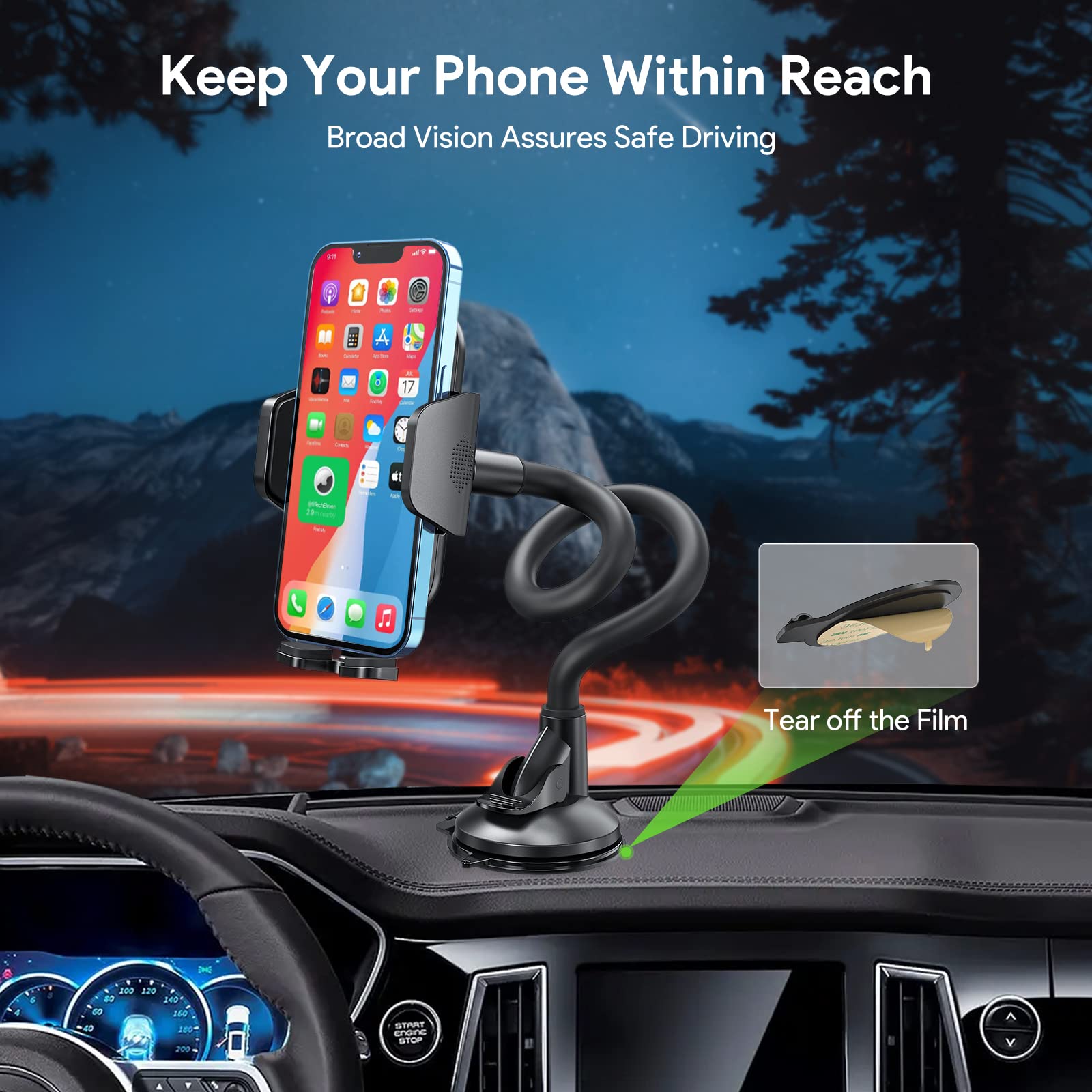 Esoulk 11-Inch Gooseneck Car Phone Holder,Heavy Duty Phone Holder For Truck, Flexibile Long Arm Anti Shake Stabilizer Windshield