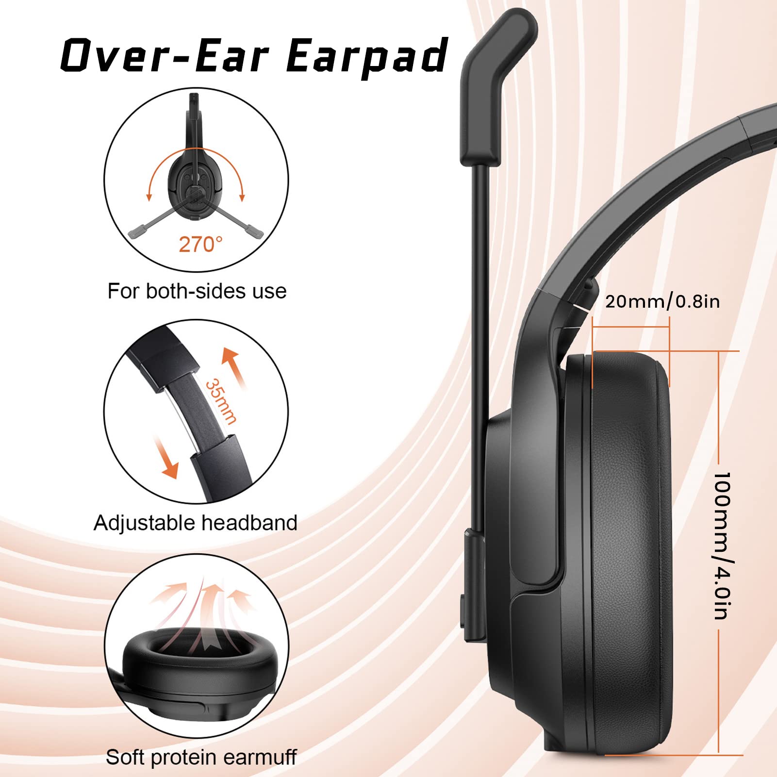 Eksa Noise Cancelling Trucker Bluetooth Headset With Microphone Wireless Ai Powered Enc Headphones, 99Ft Long Range, 30H Of Talk
