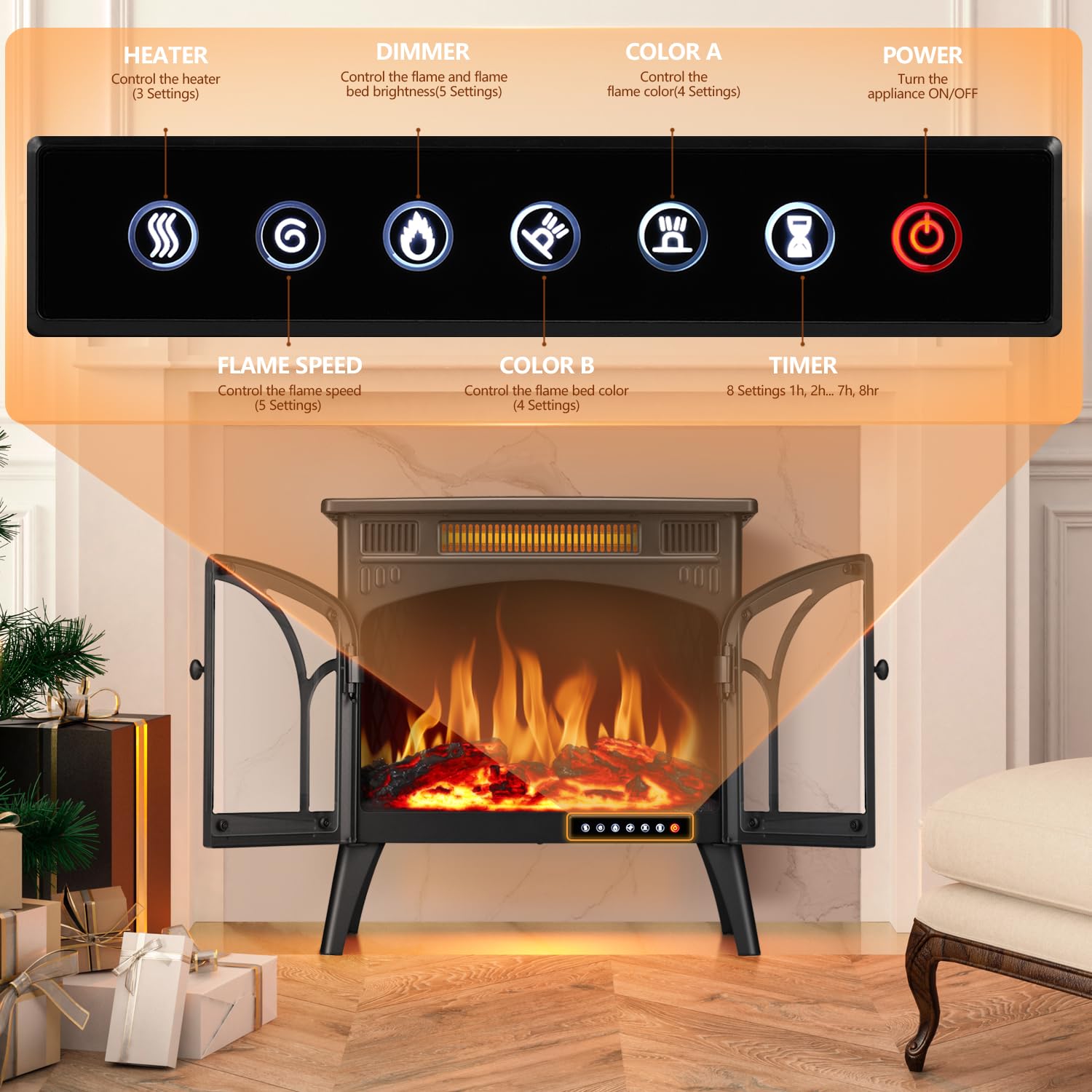 R.W.Flame Electric Fireplace Heater 25 With Remote Control, Cathedral Stylish, Different Flame Effects And Log Set Colors, Adjus