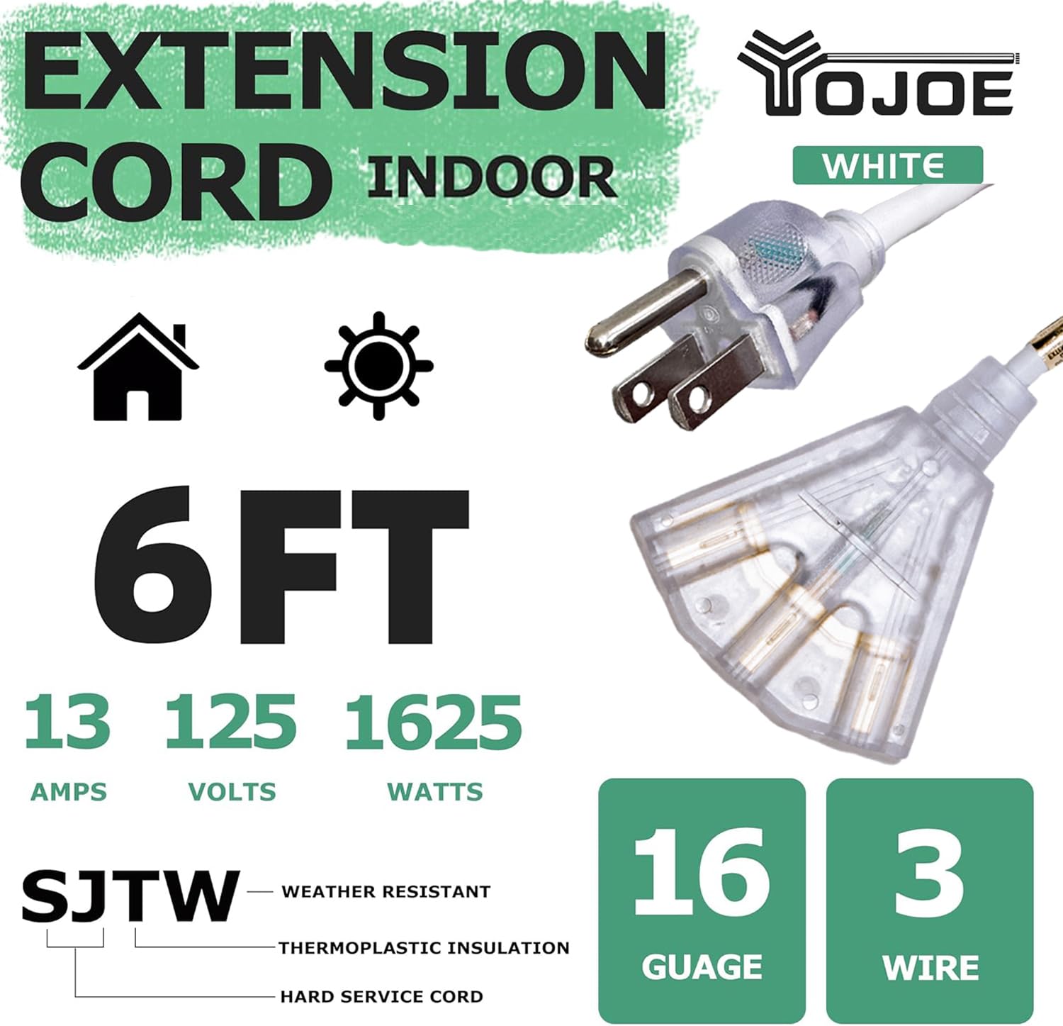 Yojoe 3 Outlets Indoor Outdoor Extension Cord With Lighted End, 3 Prong 13A Weatherproof Power Cord, 16 Gauge Heavy Duty 6 Ft Wh