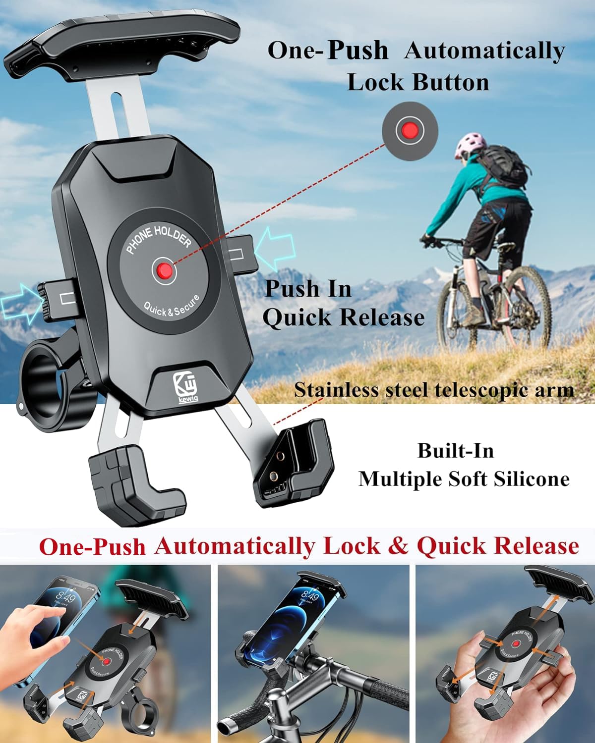 Brcovan Motorcycle Bike Phone Mount With Solid Aluminum Alloy Mounting Base, [1S Lock] Handlebar Cell Phone Holder For Bicycle A