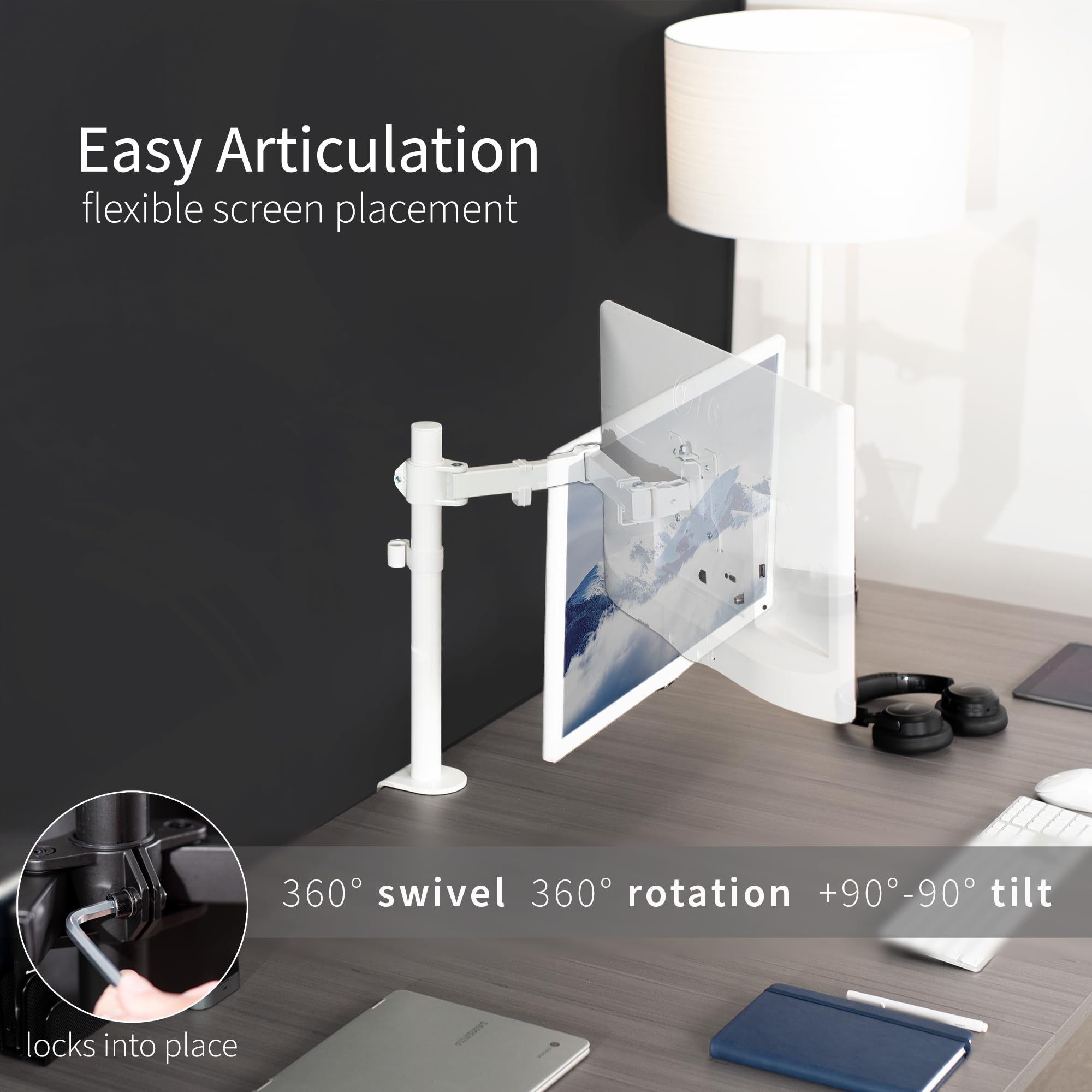 VIVO Single Monitor Arm Desk Mount, Holds Screens up to 32 inch Regular and 38 inch Ultrawide, Fully Adjustable Stand with C Clamp and Grommet Base, VESA 75x75mm or 100x100mm, White, STAND V001W