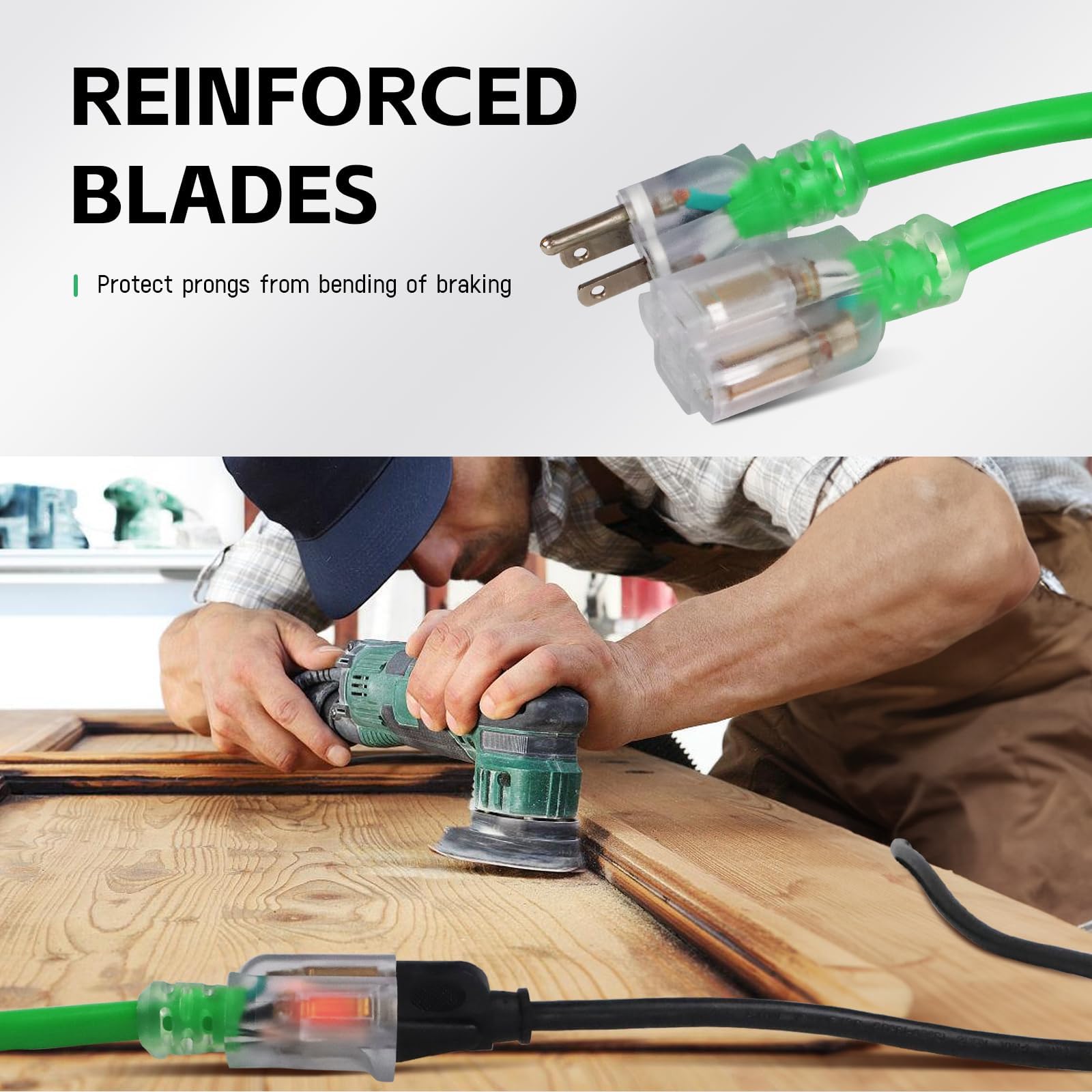 Ep 15 Ft Outdoor Extension Cord, 12/3 Sjtw Heavy Duty Waterproof Power Cable, 3 Prong Grounded Plug, Lighted End, For Lawn, Gard