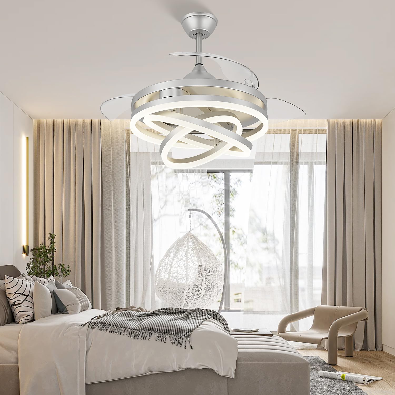 Fidgra 42 Inch Retractable Ceiling Fan, Chandelier Ceiling Fans With Lights, Silent Dc Motor, 6 Speeds, 3 Color Changing, Bedroo