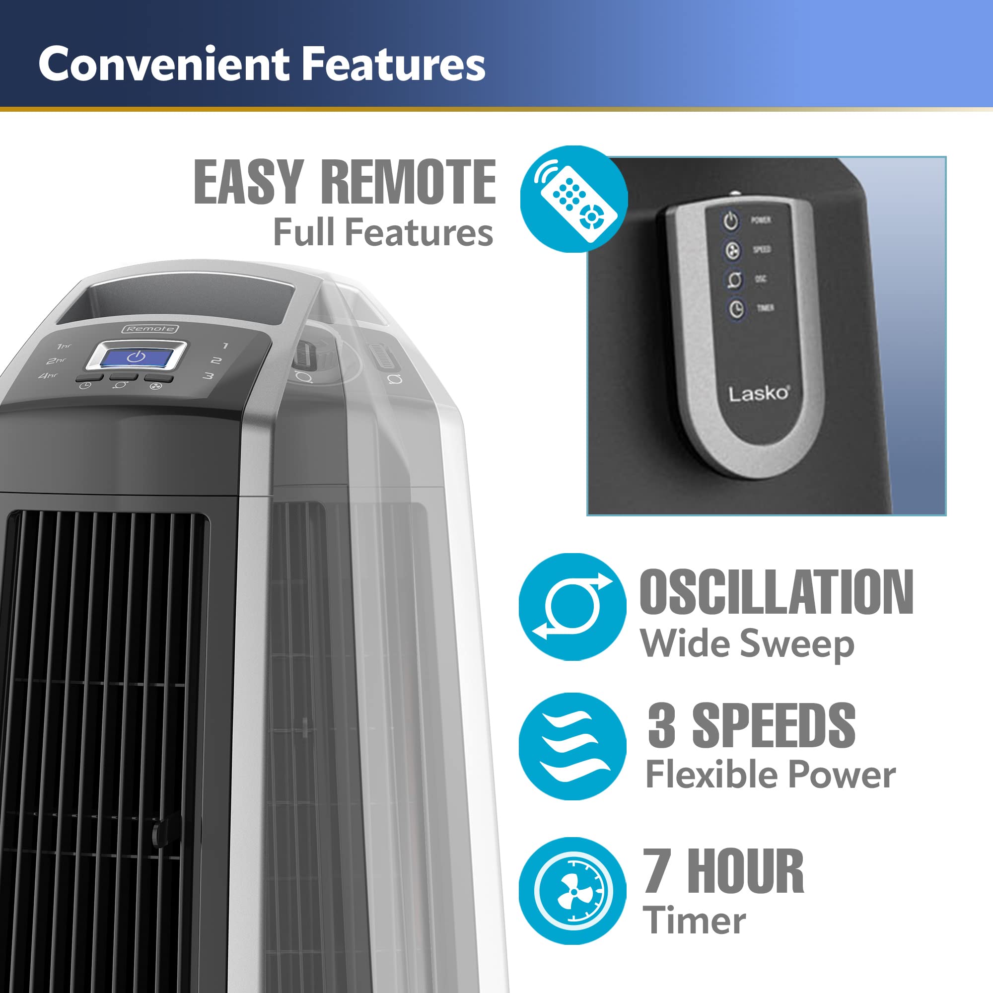 Lasko U35115 Electric Oscillating High Velocity Stand Up Tower Fan With Timer And Remote Control For Indoor Bedroom And Home Off