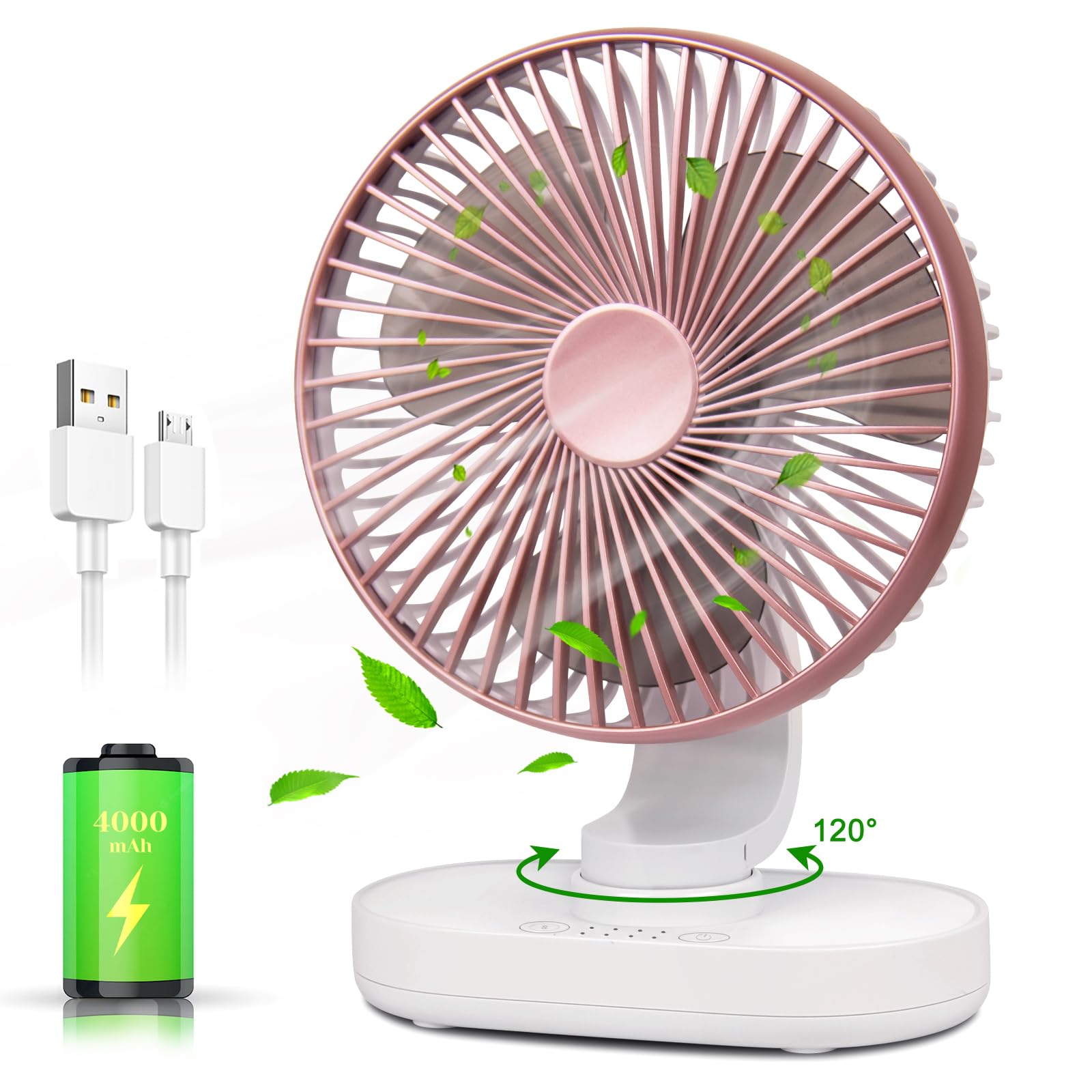 Conbola Small Desk Fan For Bedroom, 4000Mah Battery Powered Rechargeable Fan, 90 Vertical Manual + 120 Oscillating Fan, 4 Speeds