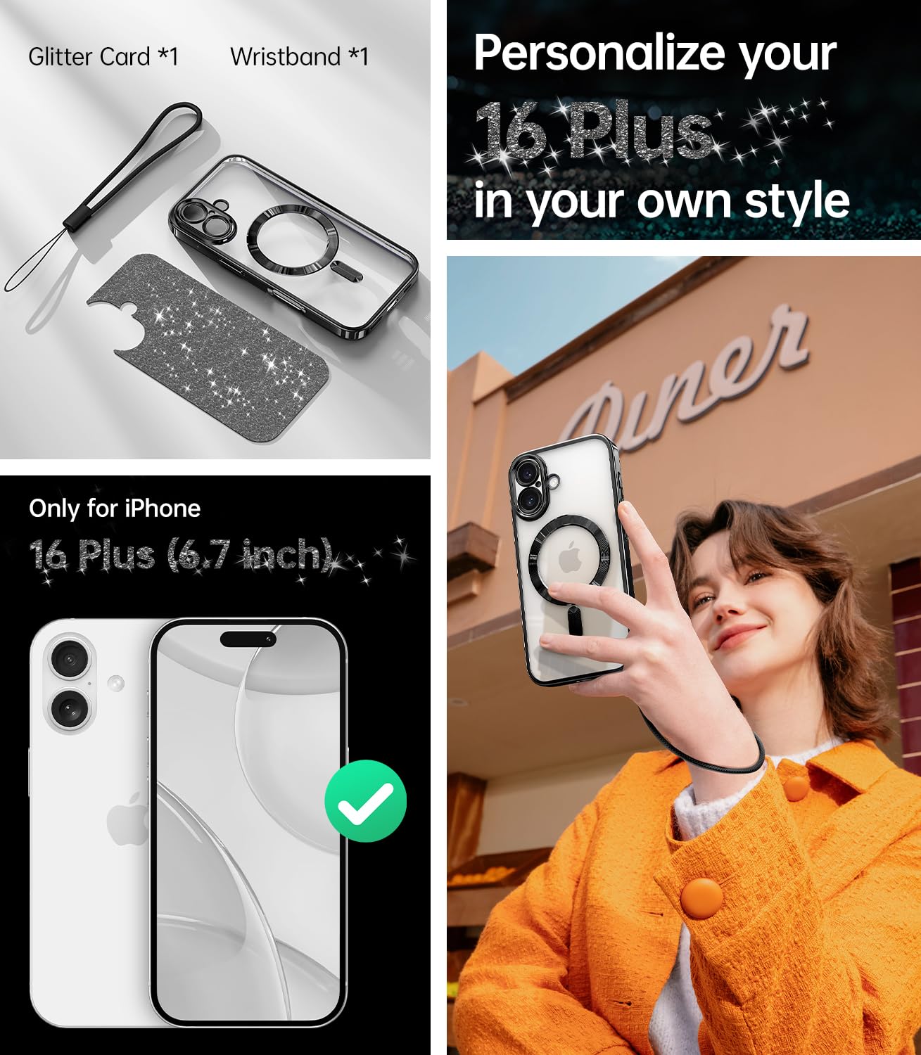Meifigno Designed For Iphone 16 Plus Case 6.7'', [Glitter Card & Wrist Strap] [Compatible With Magsafe] Surround Lens Protection