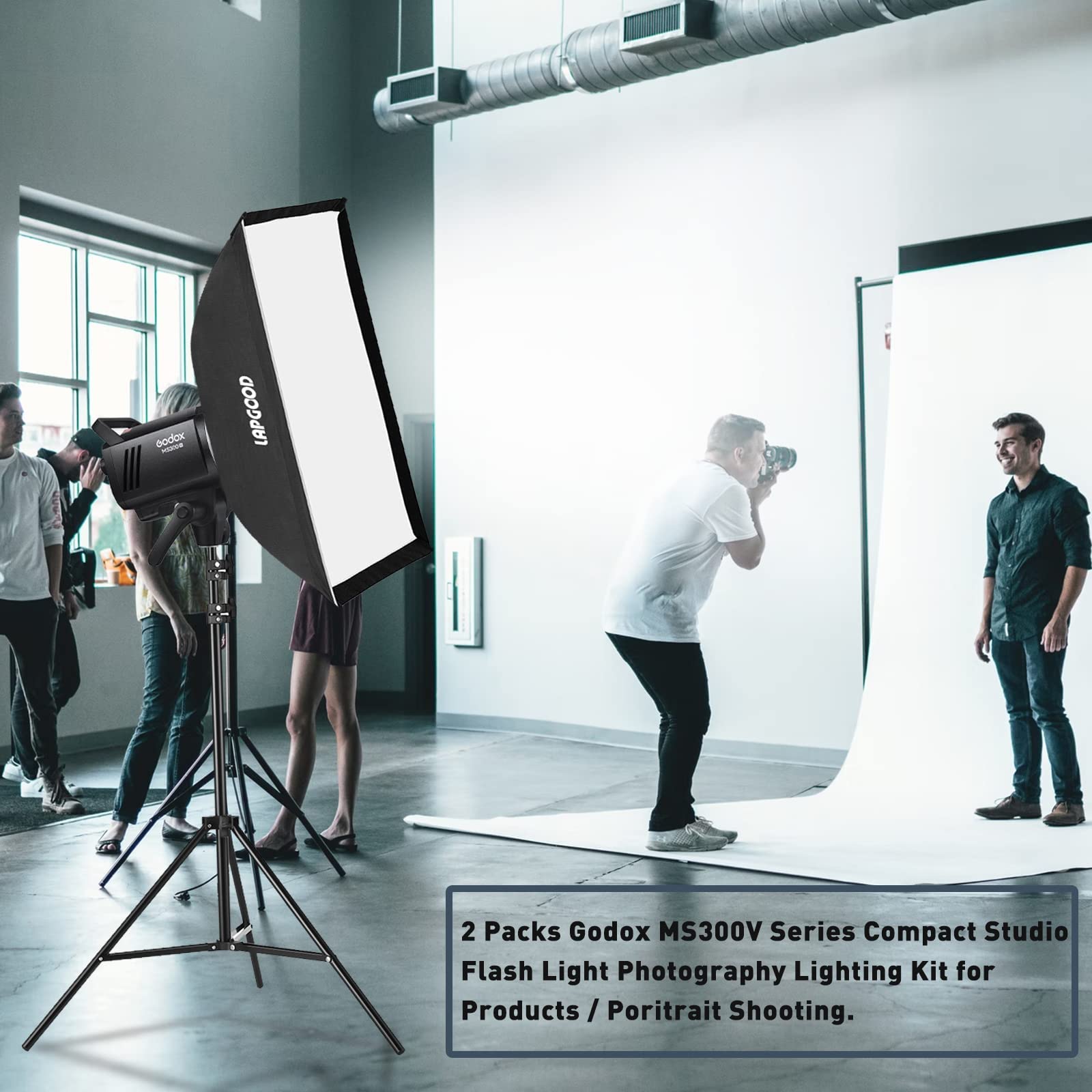 Godox Ms300V Studio Flash Kit (2X 300W) With 2 Softboxes, 2 Light Stands, 2 Reflectors, Led Modeling Lamps, 2.4G Wireless X Syst