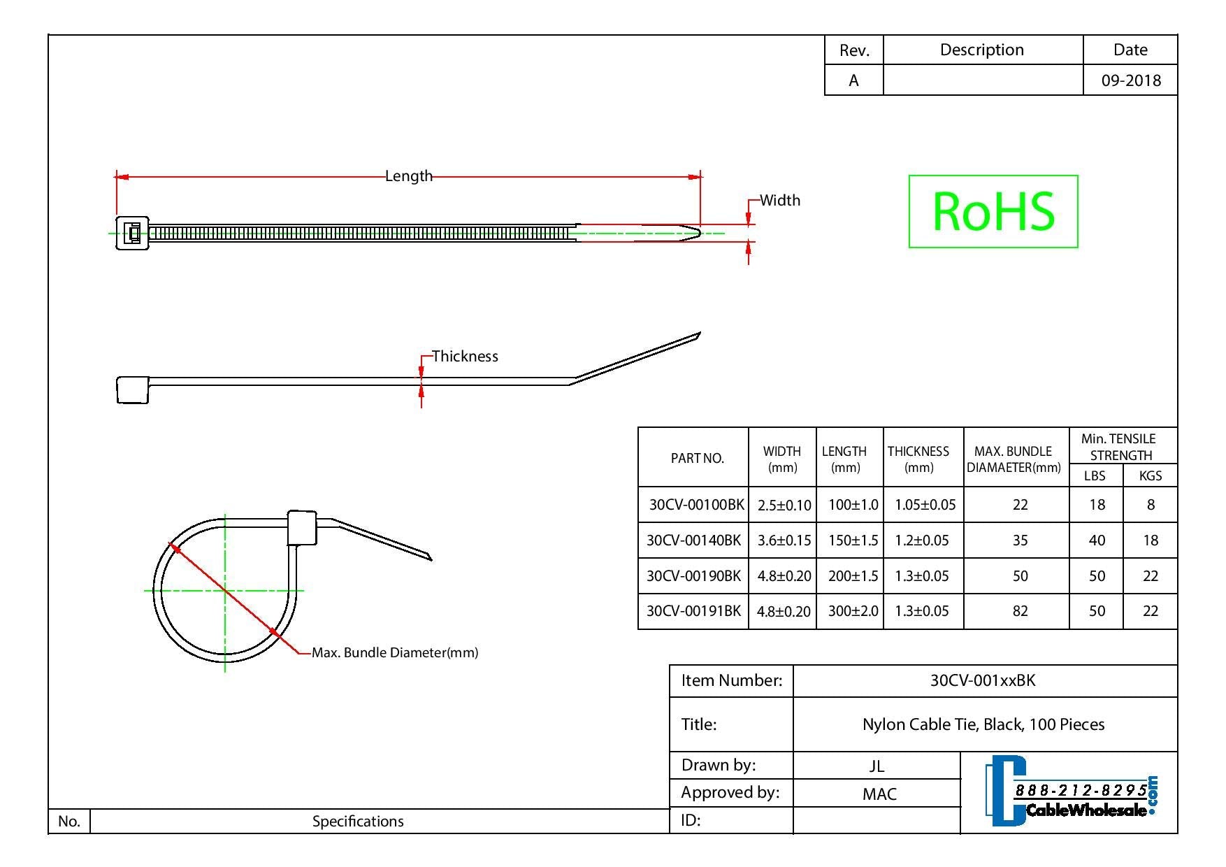 4 Inch Nylon Cable Ties, 18 Lbs. (8 Kg) Weight Limit Tensile Strength, 100 Pack Self Locking Cable Zip Ties, Cablewholesale, Bla