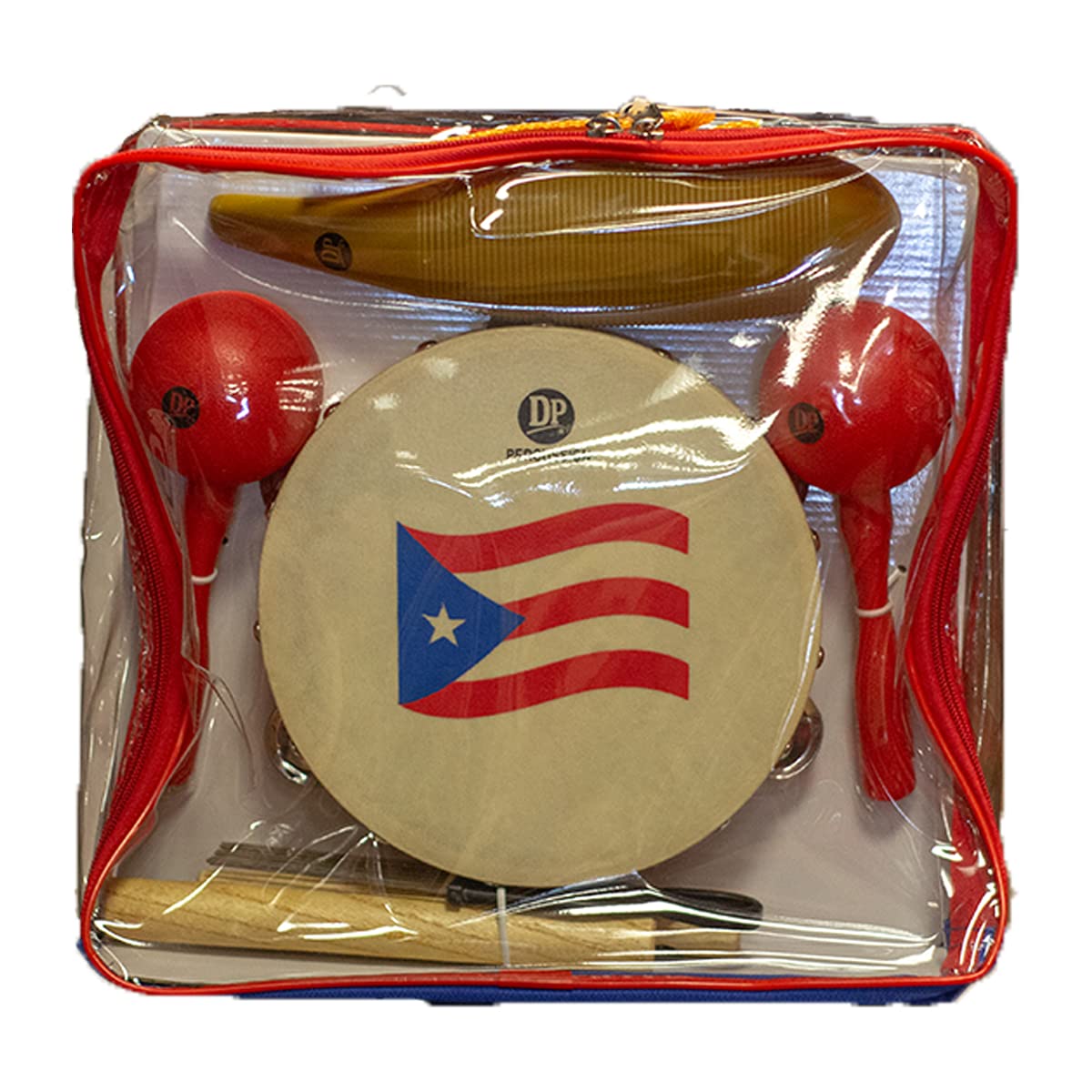 DP Music Parranda Kit Percussion with Carrying Bag  Puerto Rico Flag 8 Inches Tambourine  Claves  Plastic Giro & (Maracas Red