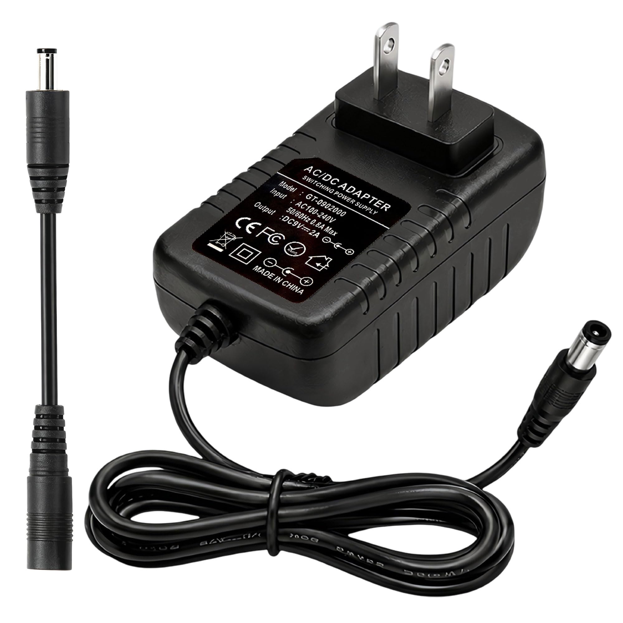 9V 2A Power Supply Adapter, Universal AC DC Adapter 100240V to DC 9V 2A/1A Power Cord with 6FT Cable, Center Positive/Negative 