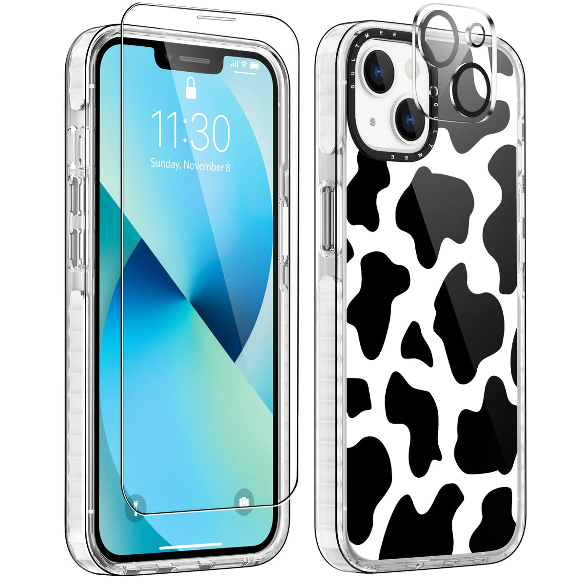 Gultmee [3 In 1 Iphone 13 Case 6.1 Inch With Screen Protector + Camera Lens Protector,Cute Cow Print Slim Design With Shockproof
