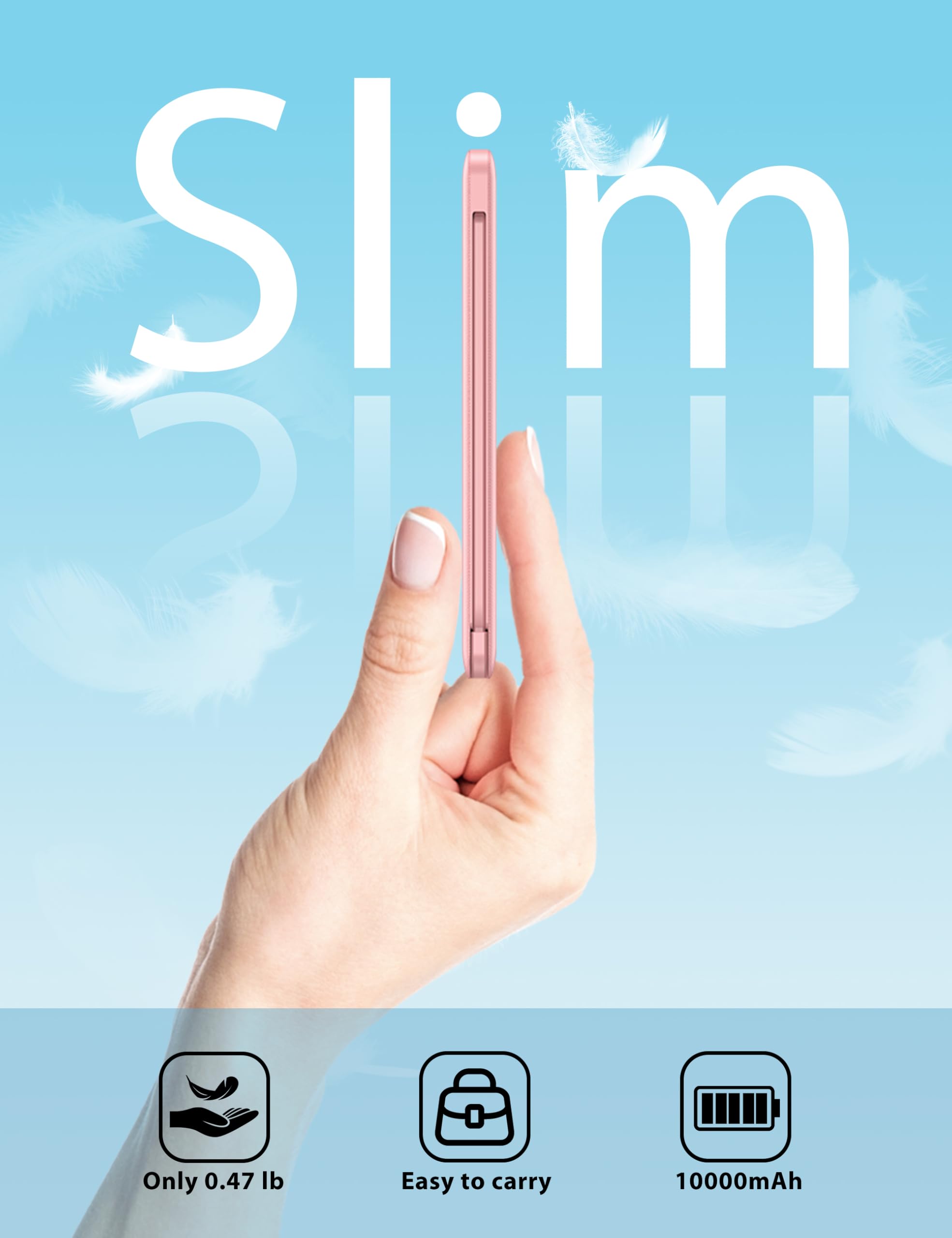 Miisso 10000Mah Slim Portable Charger With Built In Cable, Power Bank Travel Charger External Battery Pack For Phone, 4 Output U