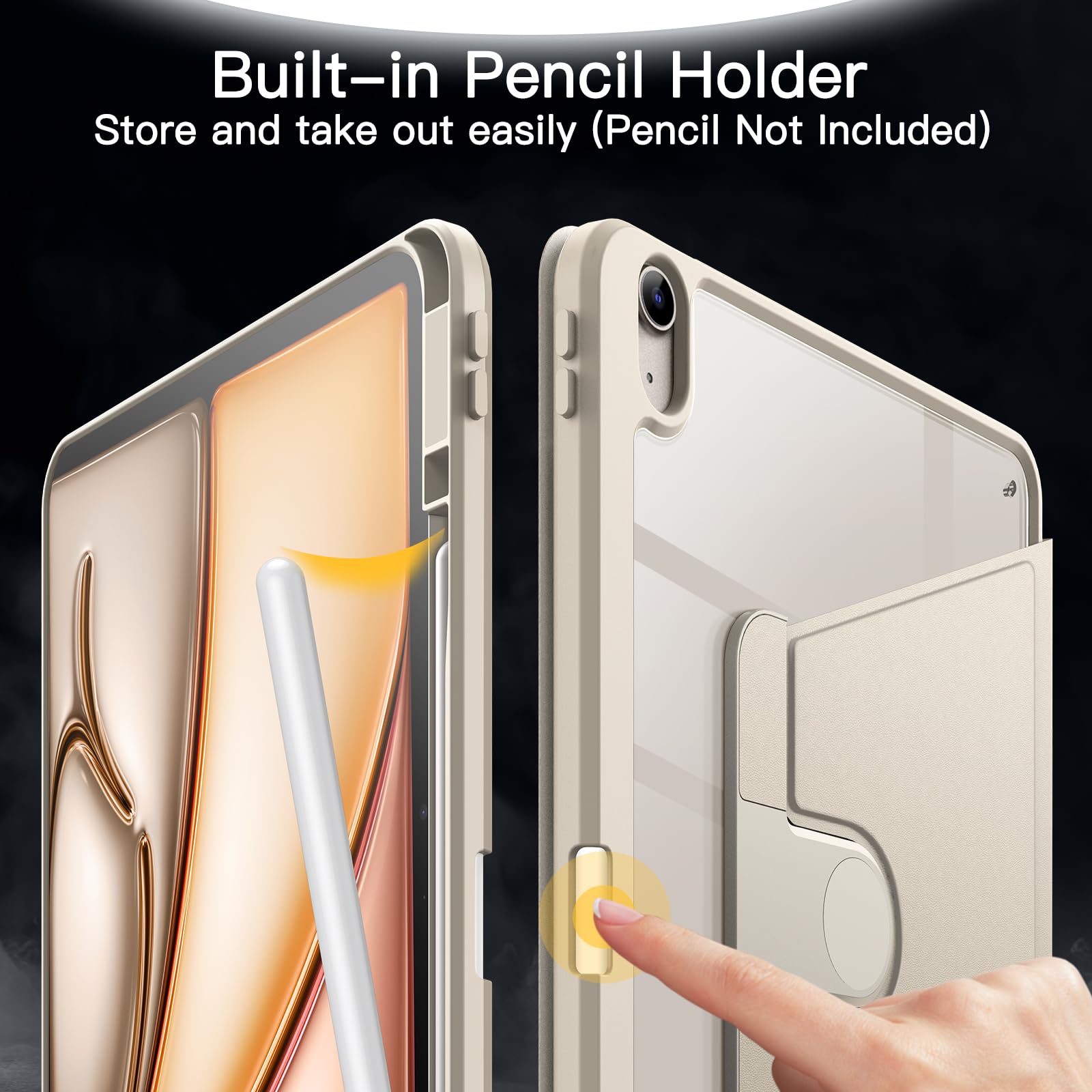 Jetech Rotating Case For Ipad Air 13-Inch M2 (2024) With Pencil Holder, 360 Degree Rotation Protective Stand Cover Clear Back, A