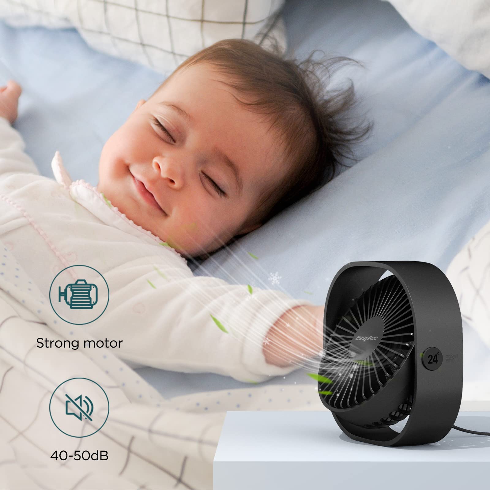 Easyacc Usb Desk Fan, 3 Speeds Usb Fan [Lower Noise Usb Powered Only&Powerful Desk Fan] Portable Powered Fan, 360Rotatable Perso