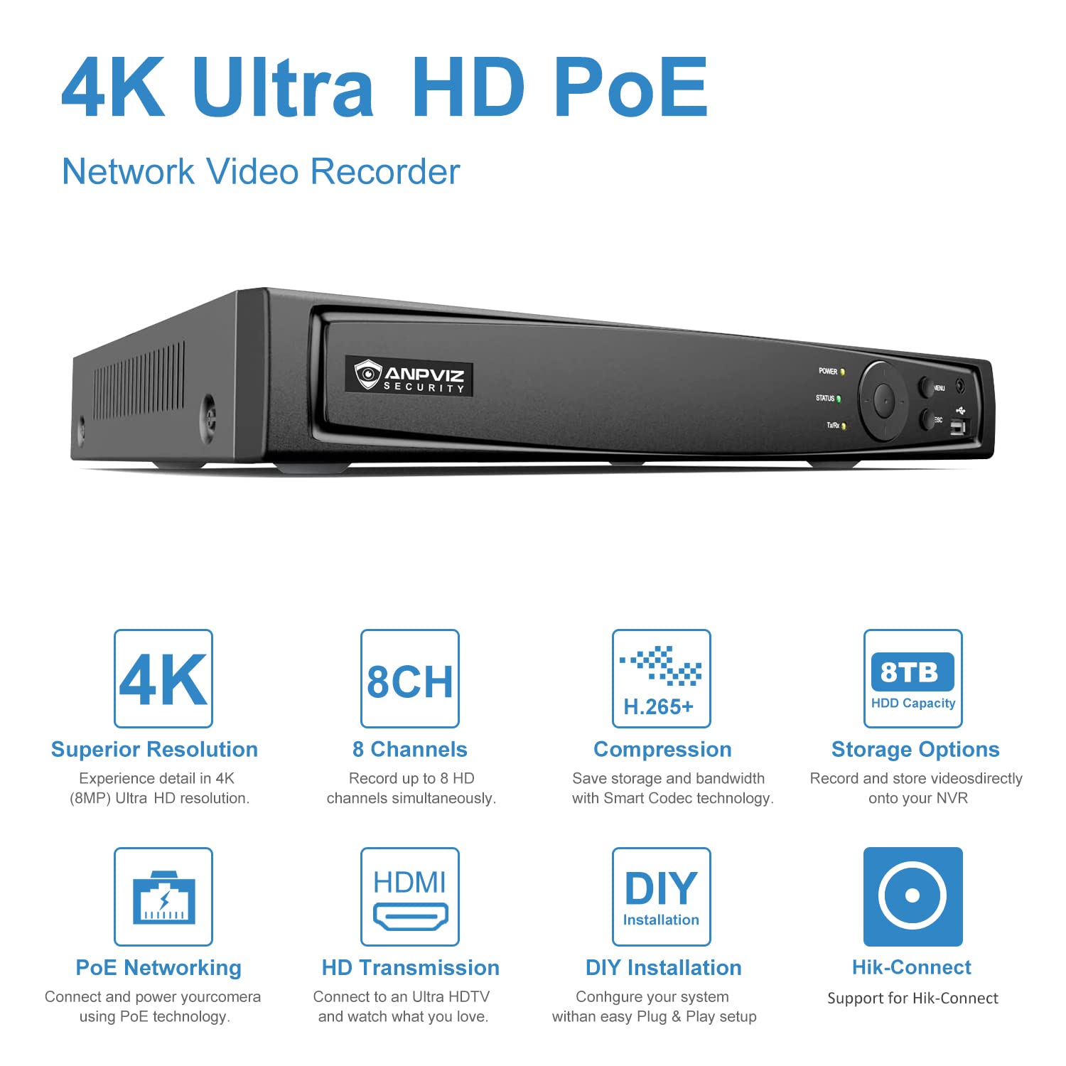?Upgrade To Nvr4.0? Anpviz 8Ch 4K Poe Nvr Poe Network Video Recorder, Ip Home Security Camera System Video Recorder H.265+, Guarding Vision App, Up To 8Tb Hdd(Not Included Hdd)