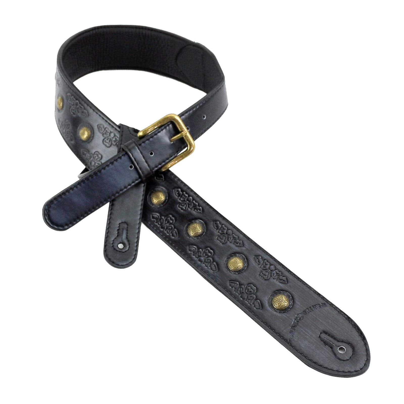 Walker & Williams GE206 Glazed Black Viking Style Guitar Strap with Antiqued Brass Coin Studs