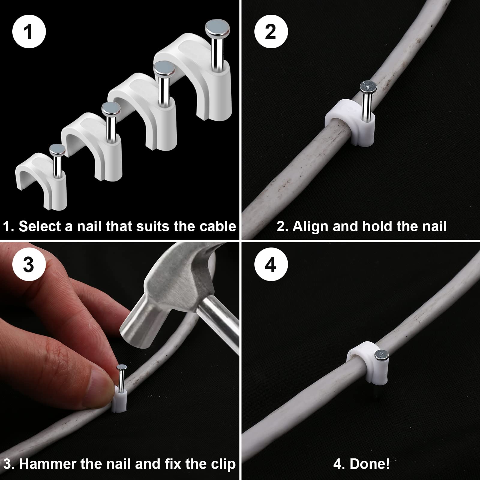 500Pcs Cable Clips With Steel Nail In Cable Clips White 4Mm 5Mm 6Mm 8Mm 10Mm For Rg6, Rg59, Cat6, Rj45 Cable Coax Cable, Etherne