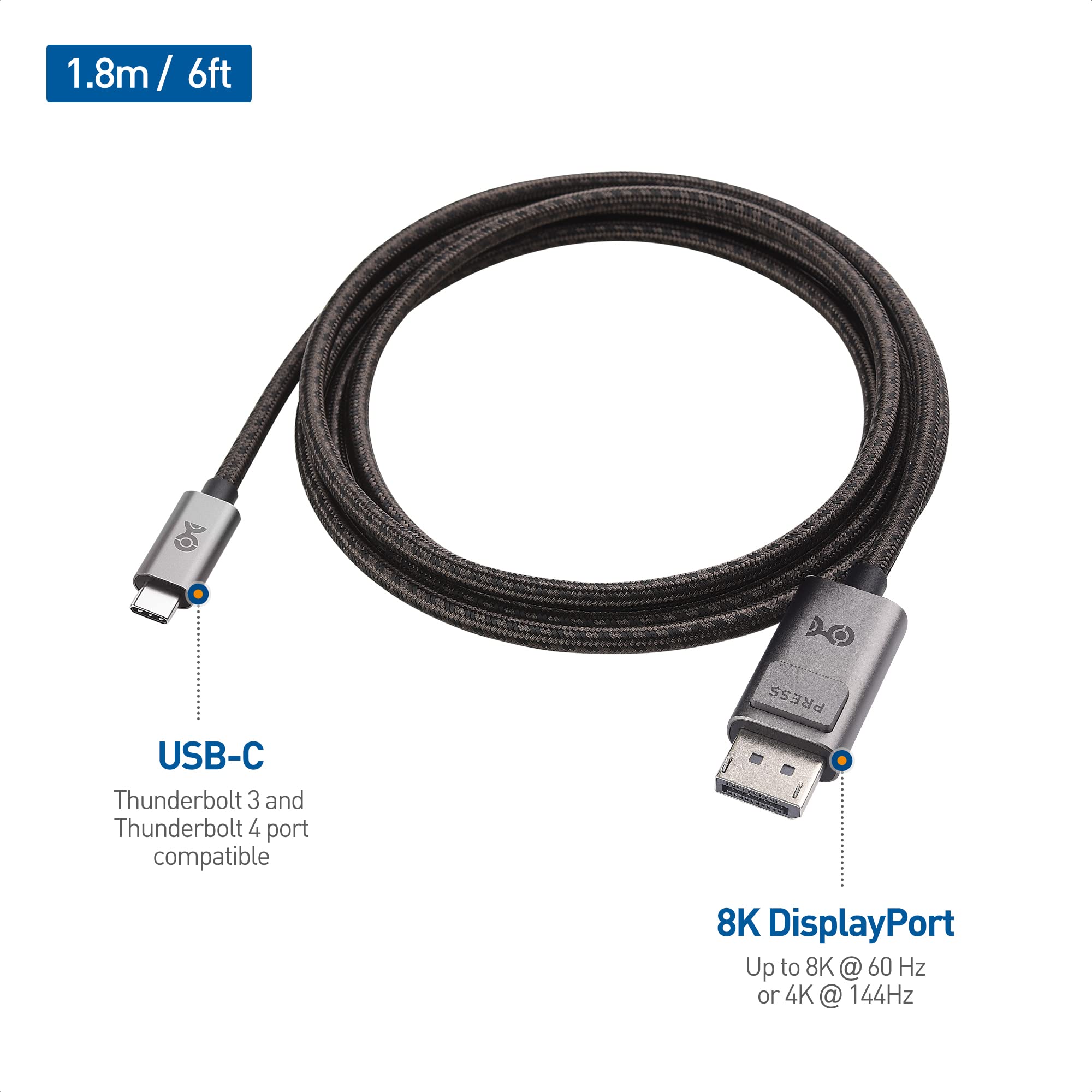 Cable Matters Braided USB C to DisplayPort 1.4 Cable 6ft, Support 4K@240Hz / 8K@60Hz (USB C to DisplayPort, USB C to DP) in Gray   Thunderbolt 4 /USB 4 Compatible with MacBook, XPS