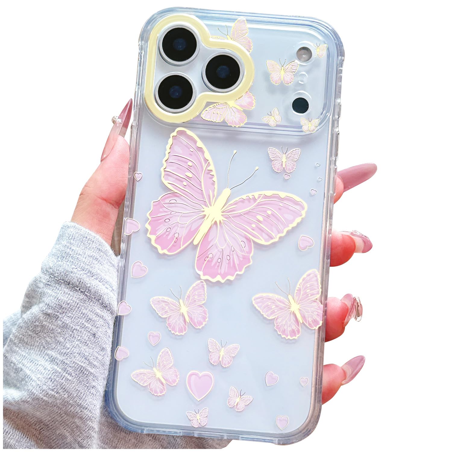 ooooops Glitter Phone Case for iPhone 17 Pro, Clear Anti-Yellow Phone Cover with Pink Butterfly & Heart Design, Gold Electroplat