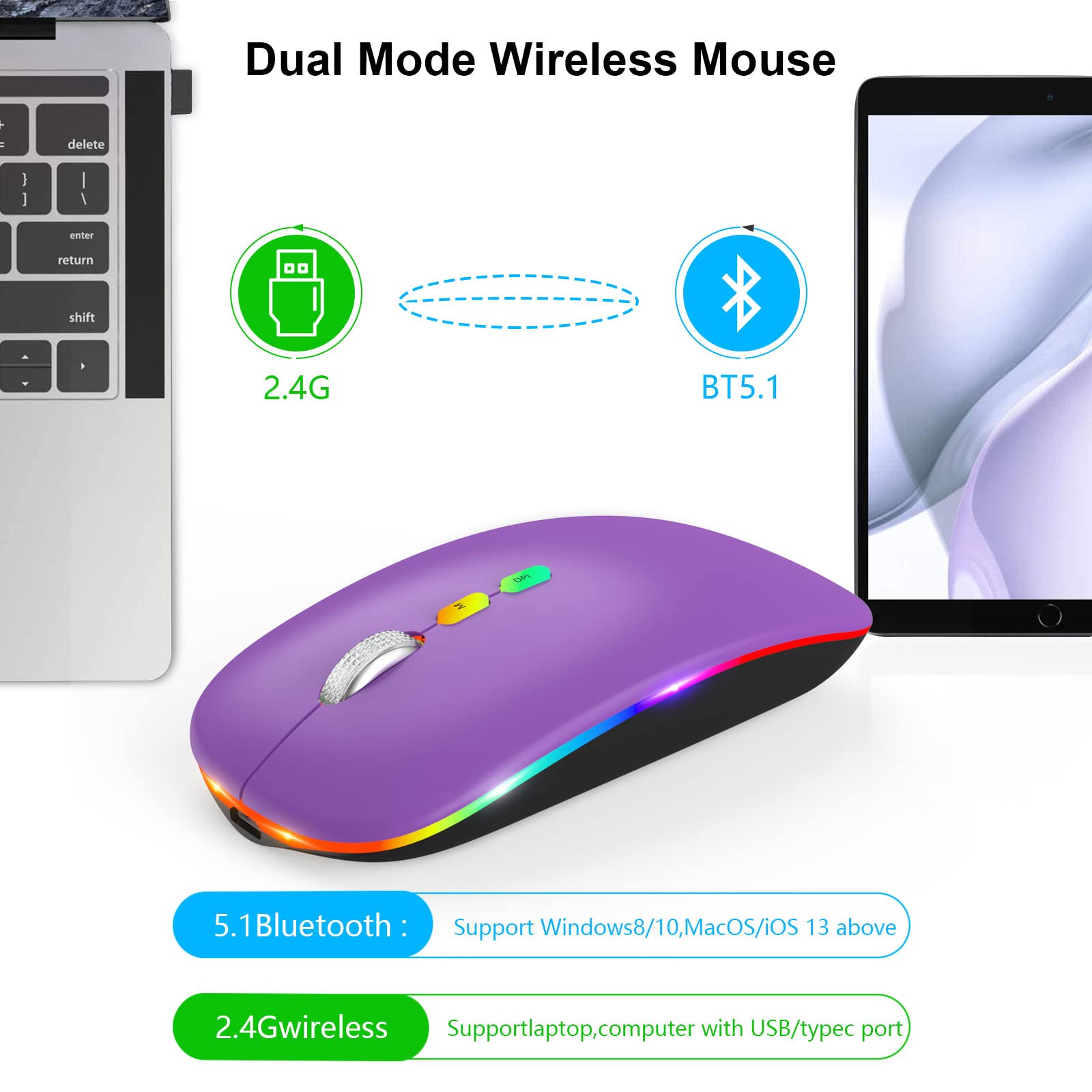 Hotlife Wireless Bluetooth Mouse, Slim Rechargeable Led Mouse, 2.4G Portable Usb Optical Mouse With Type C Adapter, Purple