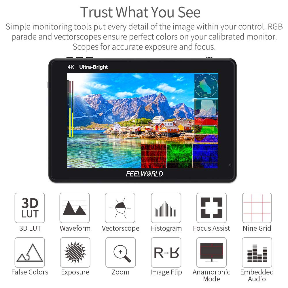 Feelworld Lut7S 7 Inch 2200Nit Ultra Bright Sdi Touch Screen Dslr Camera Field Monitor With 3D Lut Waveform Vectorscope Automati