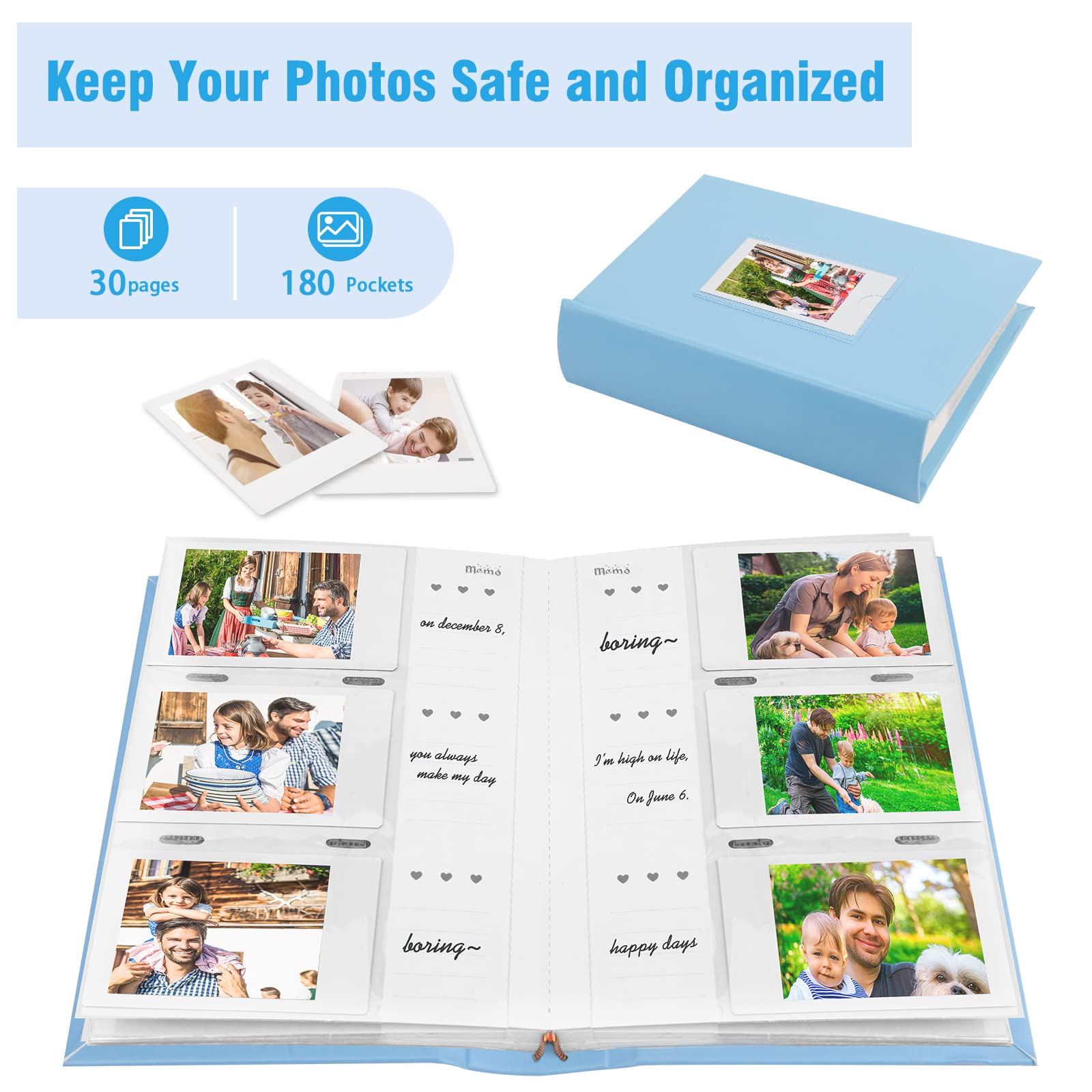 Photo Album For Fujifilm Instax Mini Camera, 180 Pockets Photo Album With Writing Space For Polaroid, Leather Cover, 2X3 Photo Album For Instax Mini 12 11 9 40 8 7 Evo Liplay Instant Camera (Blue)