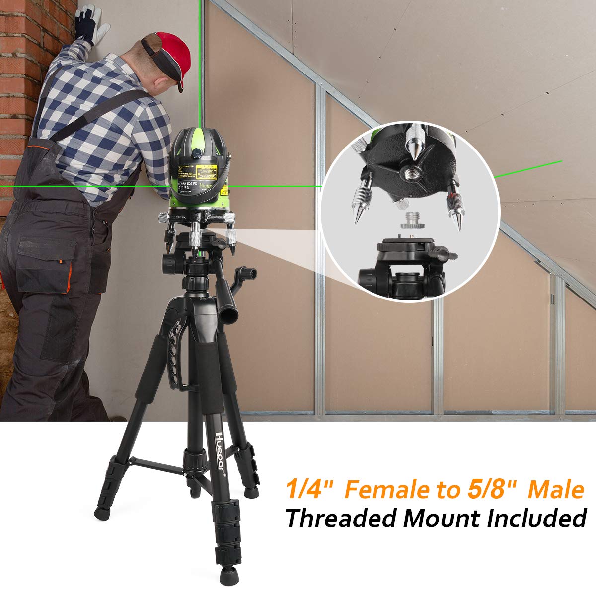 Laser Level Tripod, Huepar 56 Inch Extendable Height Tripod Use With Line Lasers, Point Lasers, Laser Distance Measures, 1/4' And 5/8' Thread Mount, Multi Function Hook, Non Skid Feet, Tpd14